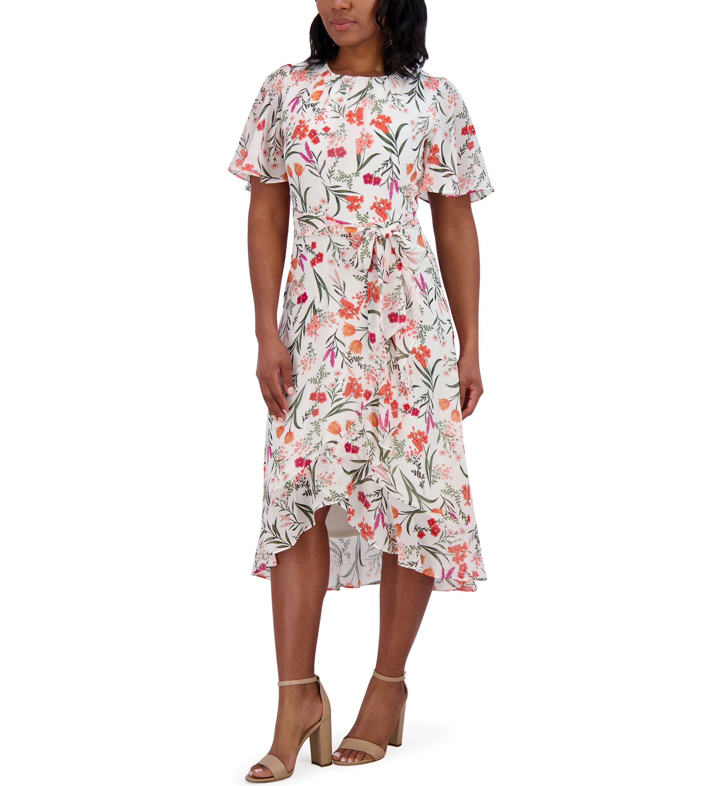 Womens Flutter Sleeve Floral Printed Dress