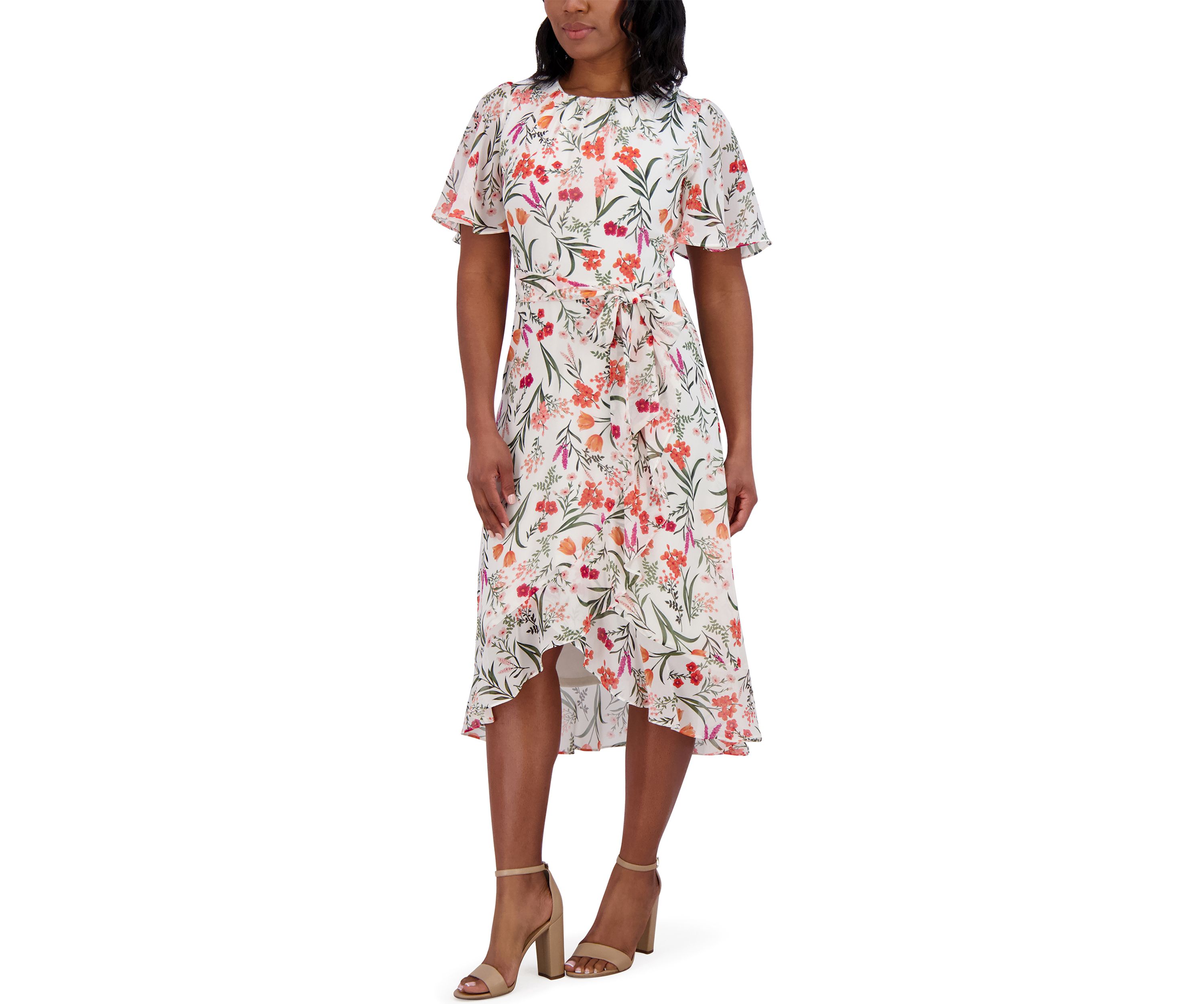 Womens Flutter Sleeve Floral Printed Dress