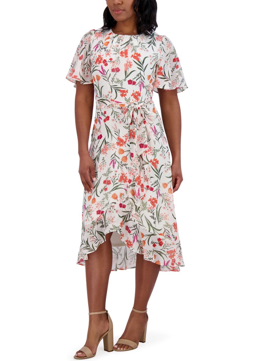 Womens Flutter Sleeve Floral Printed Dress