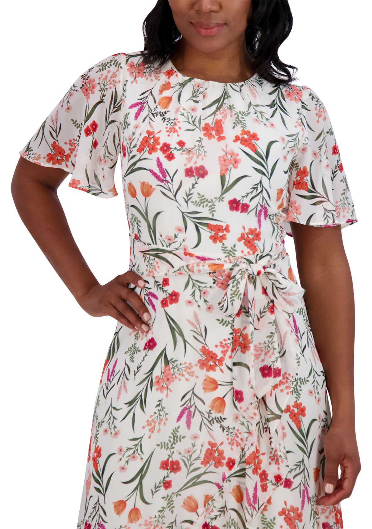Womens Flutter Sleeve Floral Printed Dress