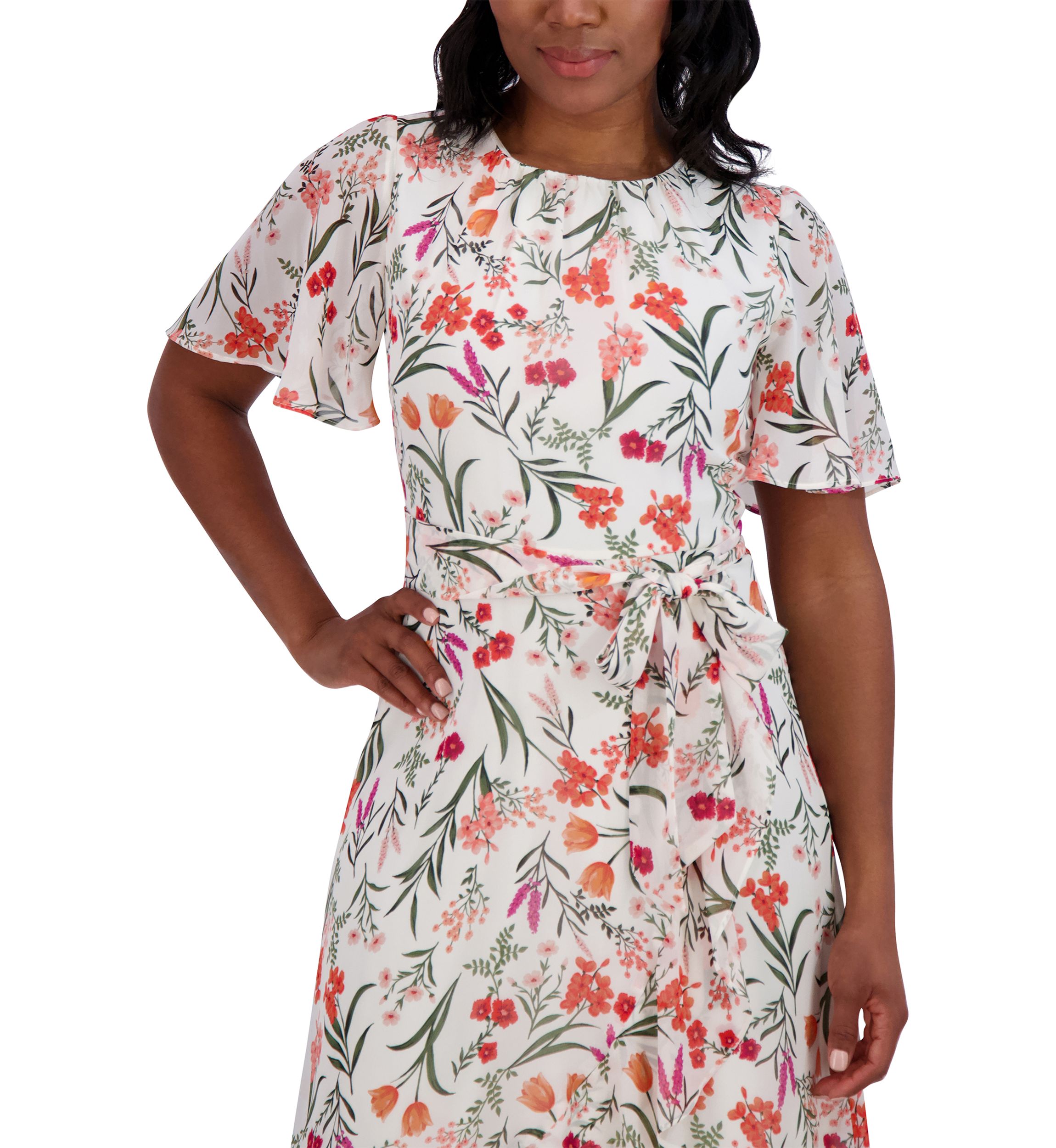 Womens Flutter Sleeve Floral Printed Dress
