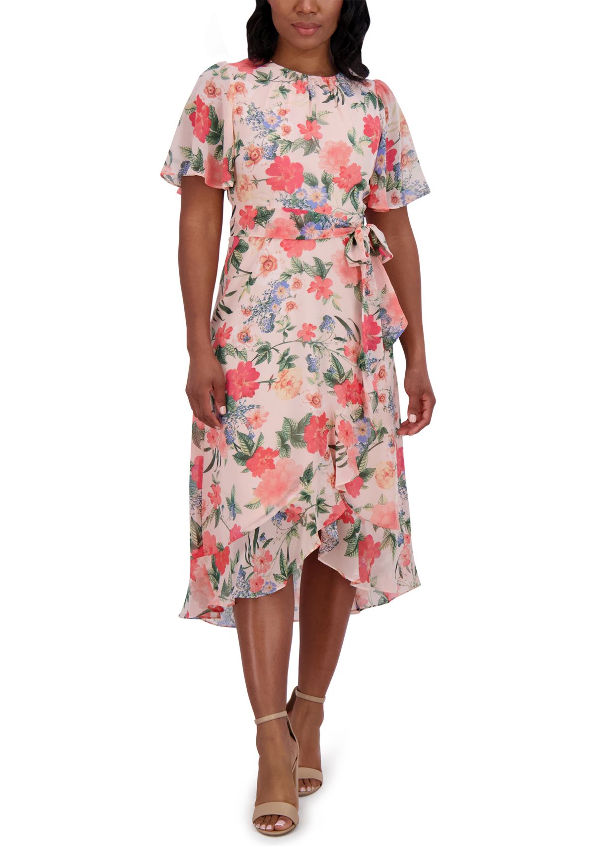 Womens Short Flutter Sleeve Floral Printed Dress