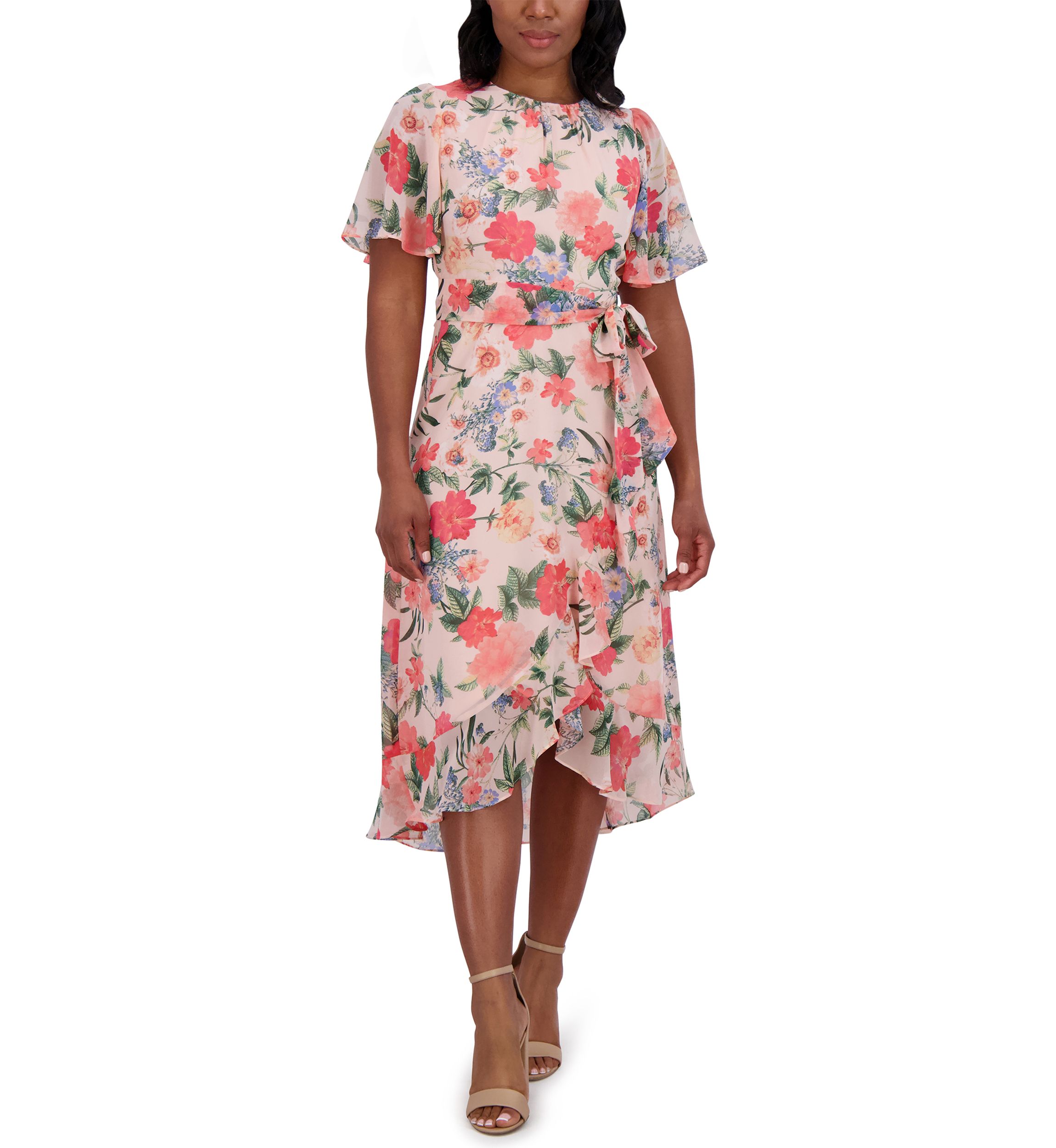 Womens Short Flutter Sleeve Floral Printed Dress