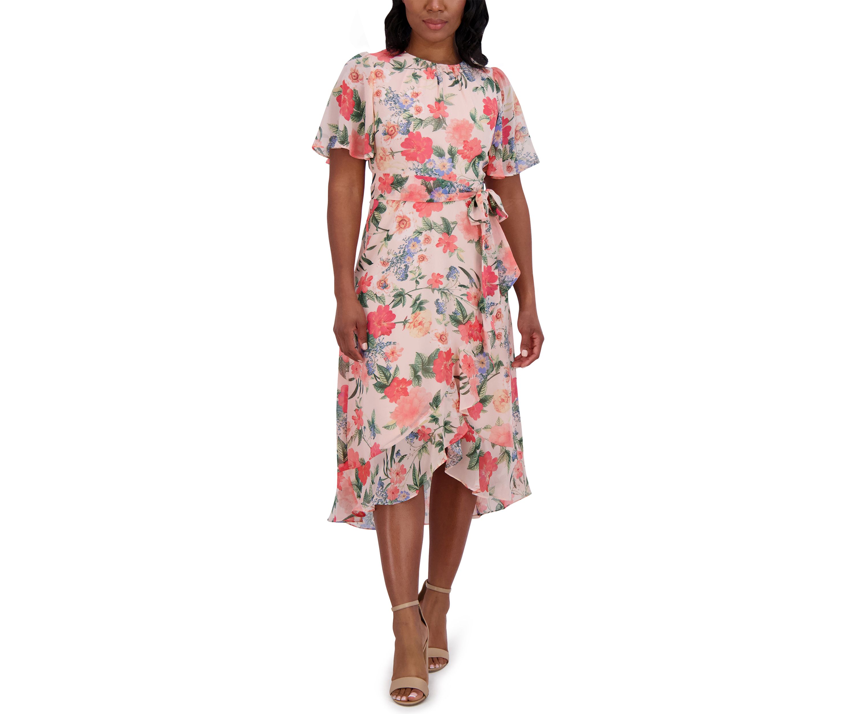 Womens Short Flutter Sleeve Floral Printed Dress