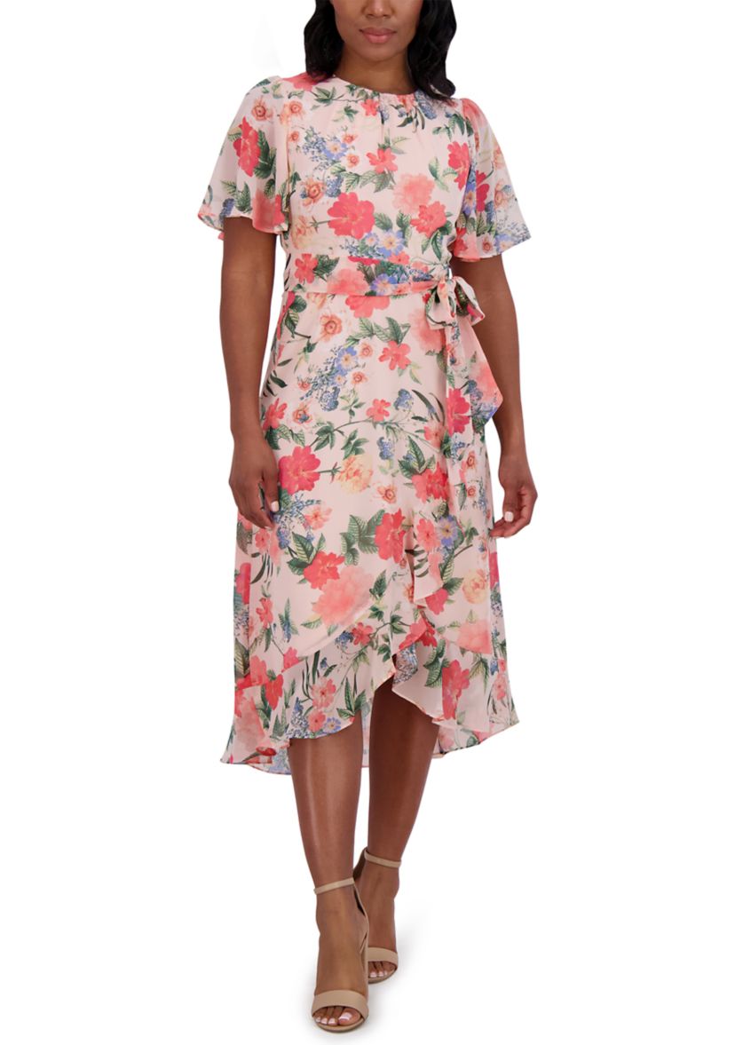 Womens Short Flutter Sleeve Floral Printed Dress