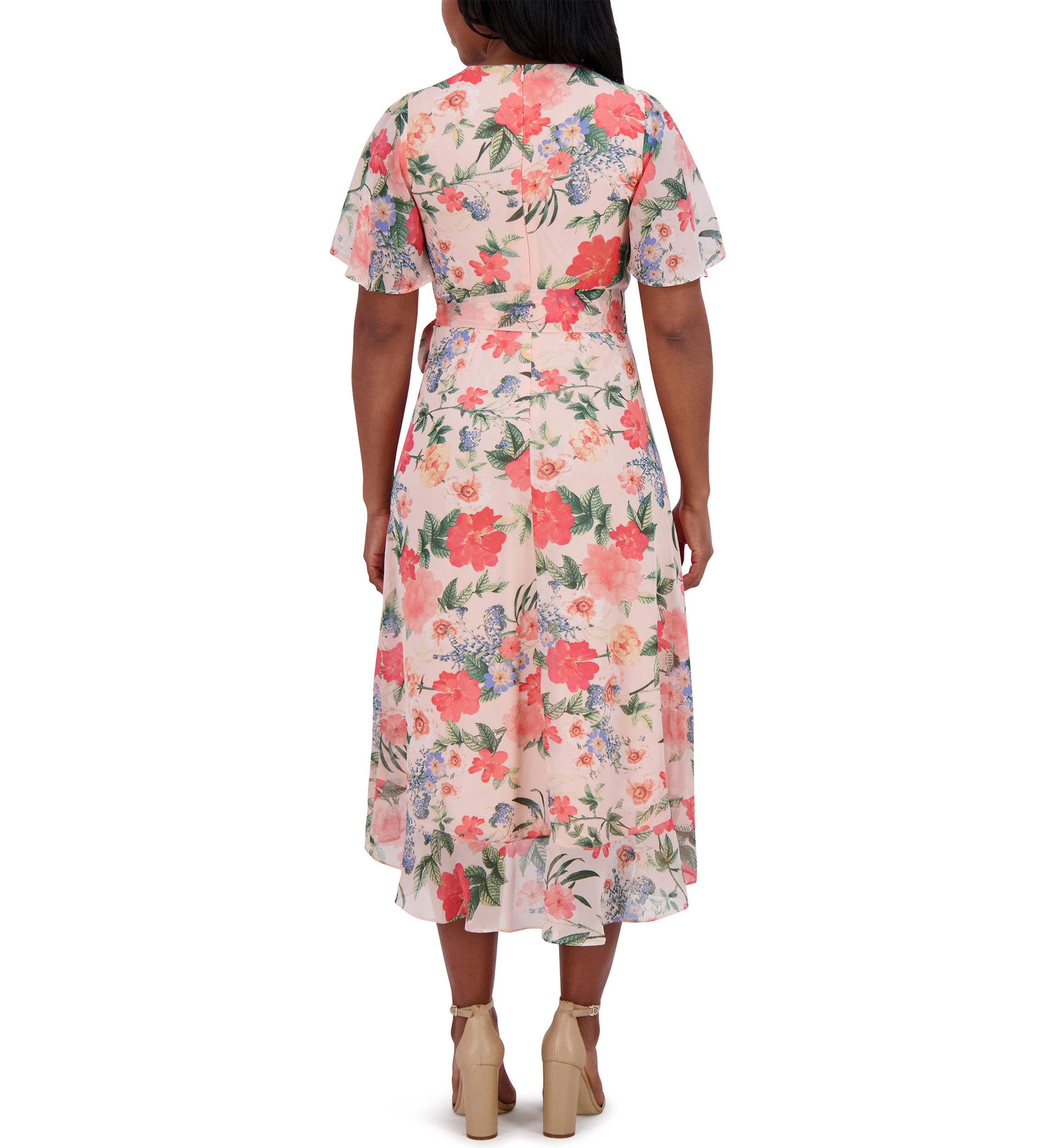 Womens Short Flutter Sleeve Floral Printed Dress