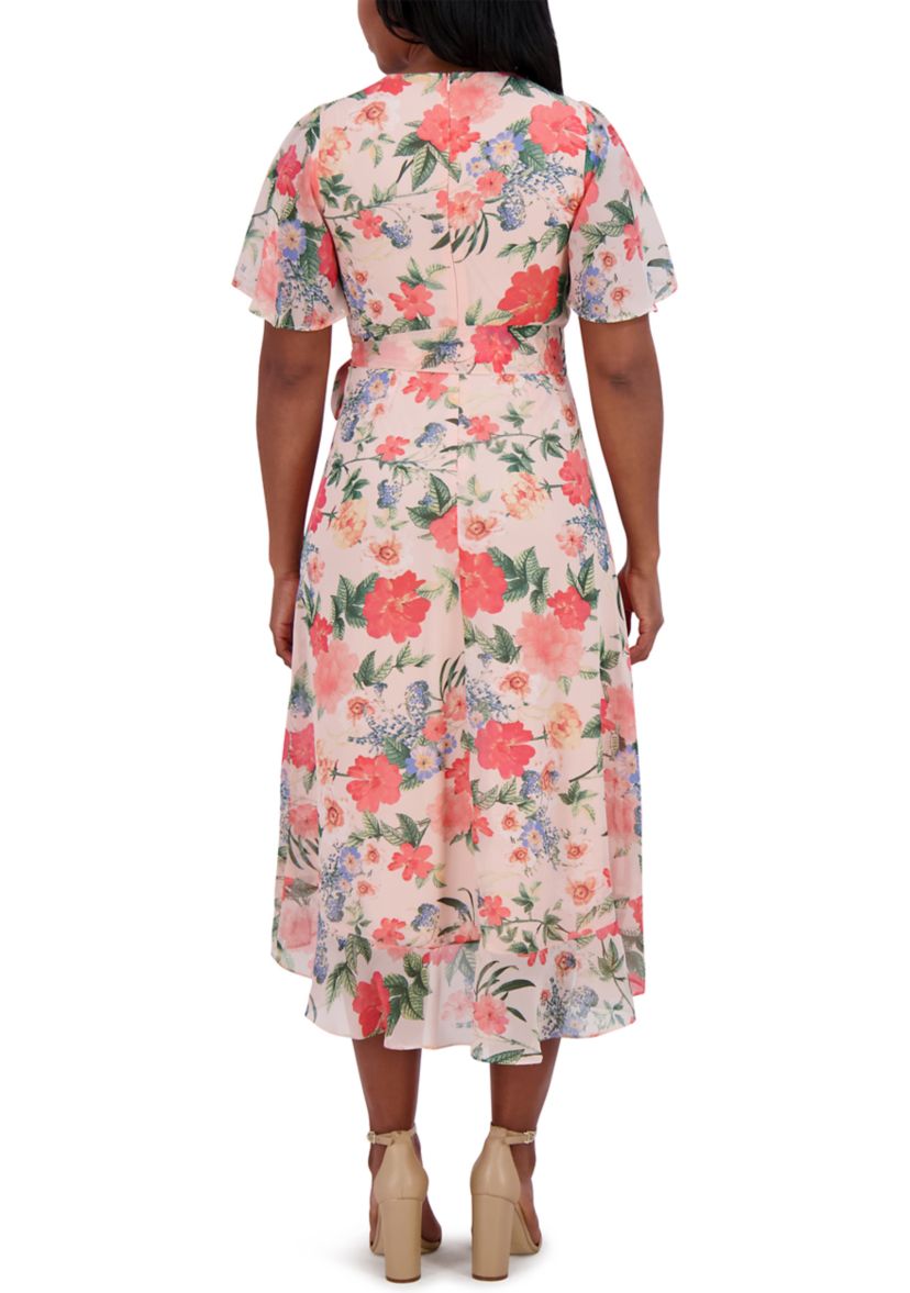 Womens Short Flutter Sleeve Floral Printed Dress