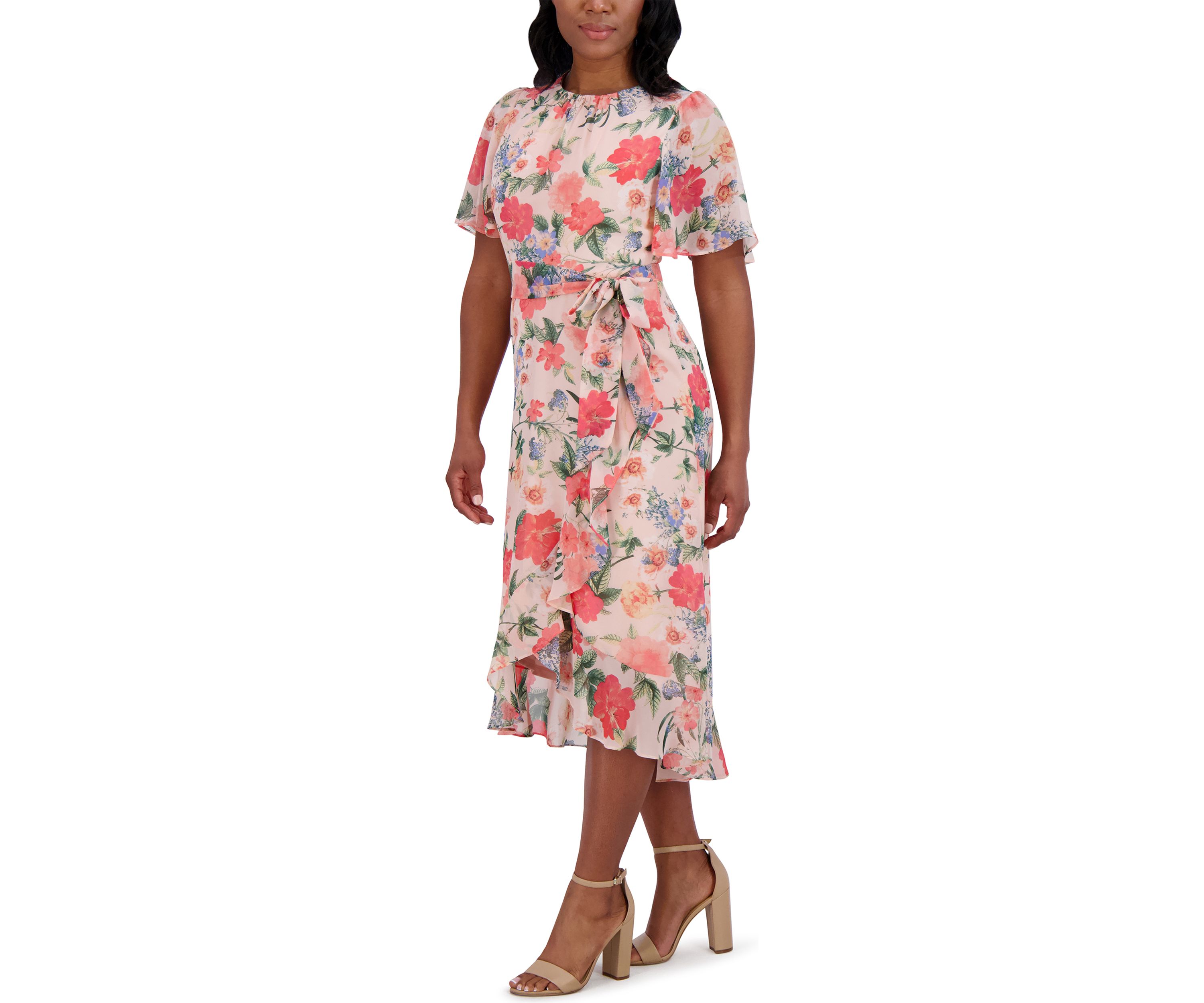 Womens Short Flutter Sleeve Floral Printed Dress