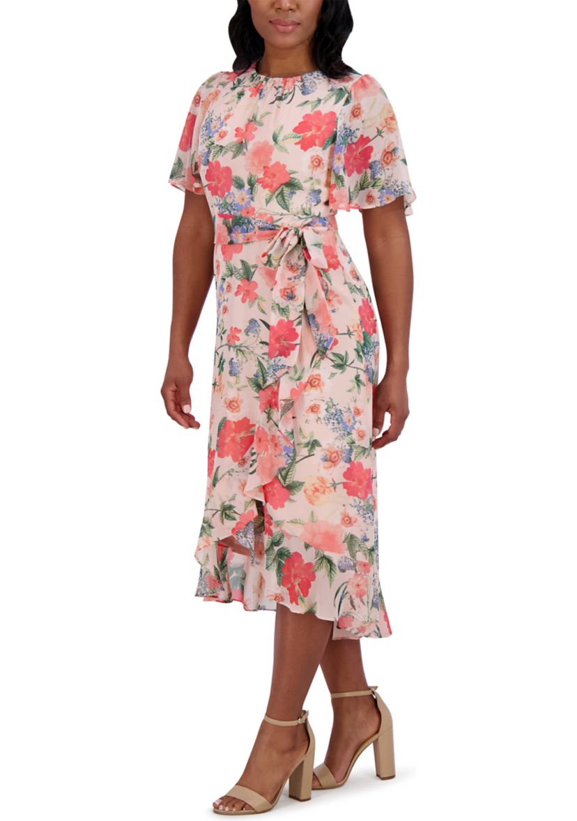 Womens Short Flutter Sleeve Floral Printed Dress
