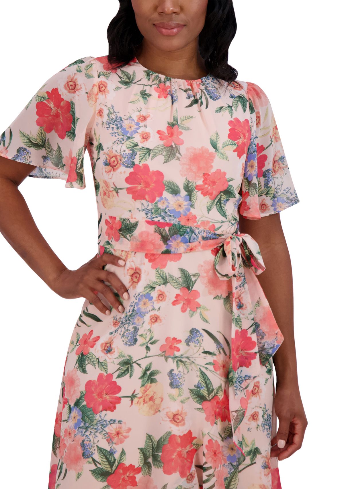 Womens Short Flutter Sleeve Floral Printed Dress