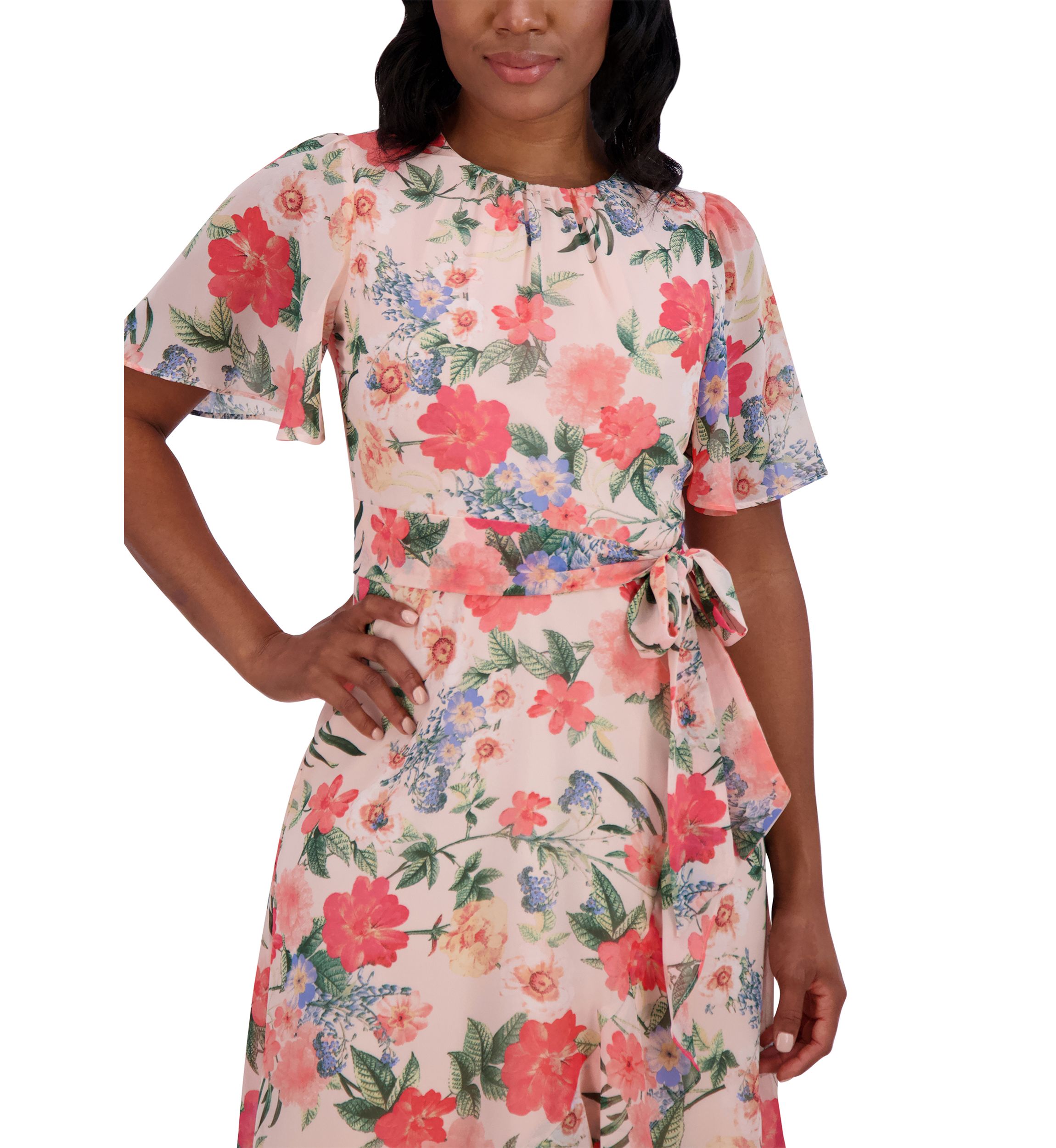 Womens Short Flutter Sleeve Floral Printed Dress