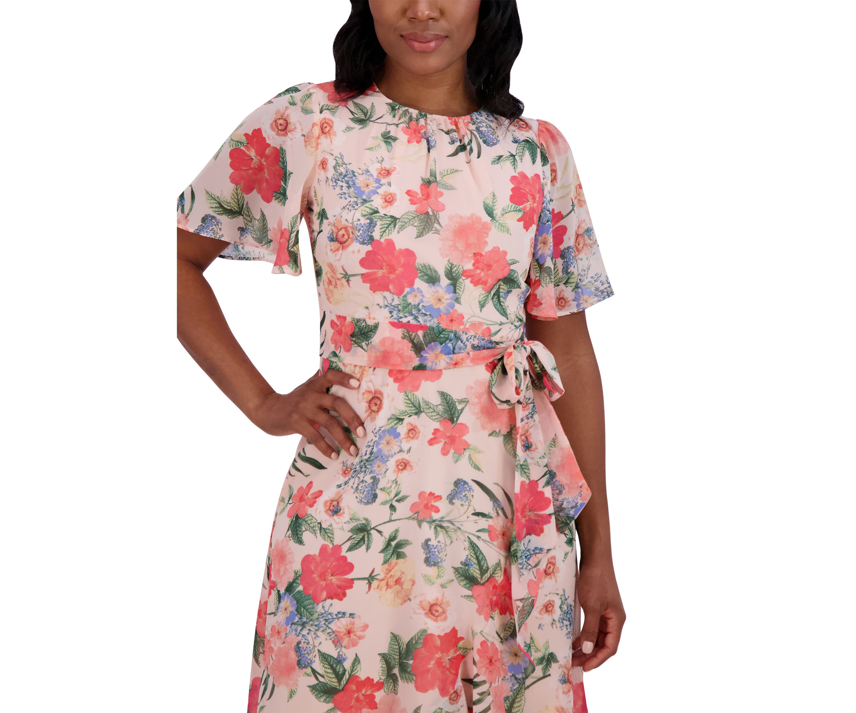 Womens Short Flutter Sleeve Floral Printed Dress