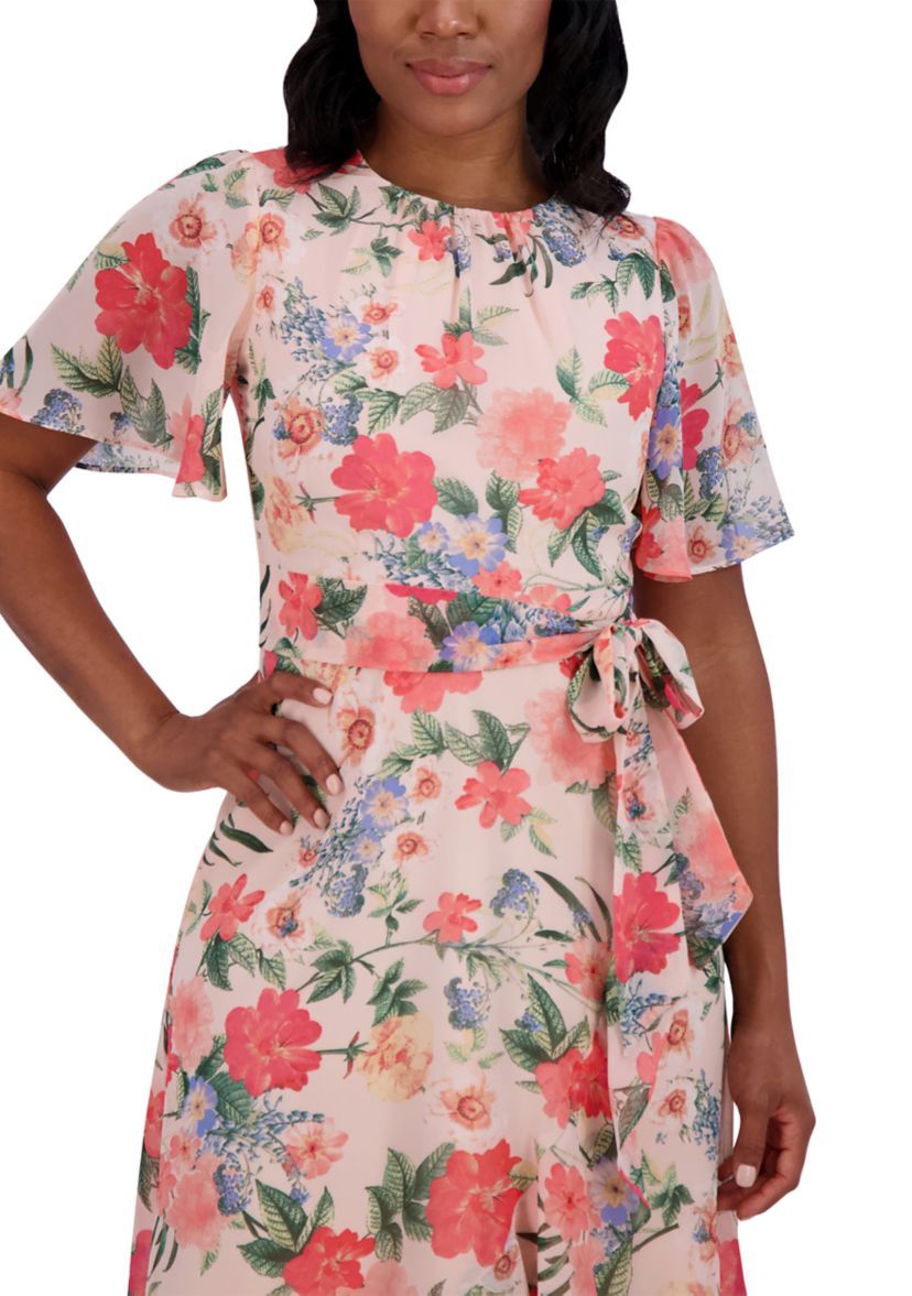 Womens Short Flutter Sleeve Floral Printed Dress