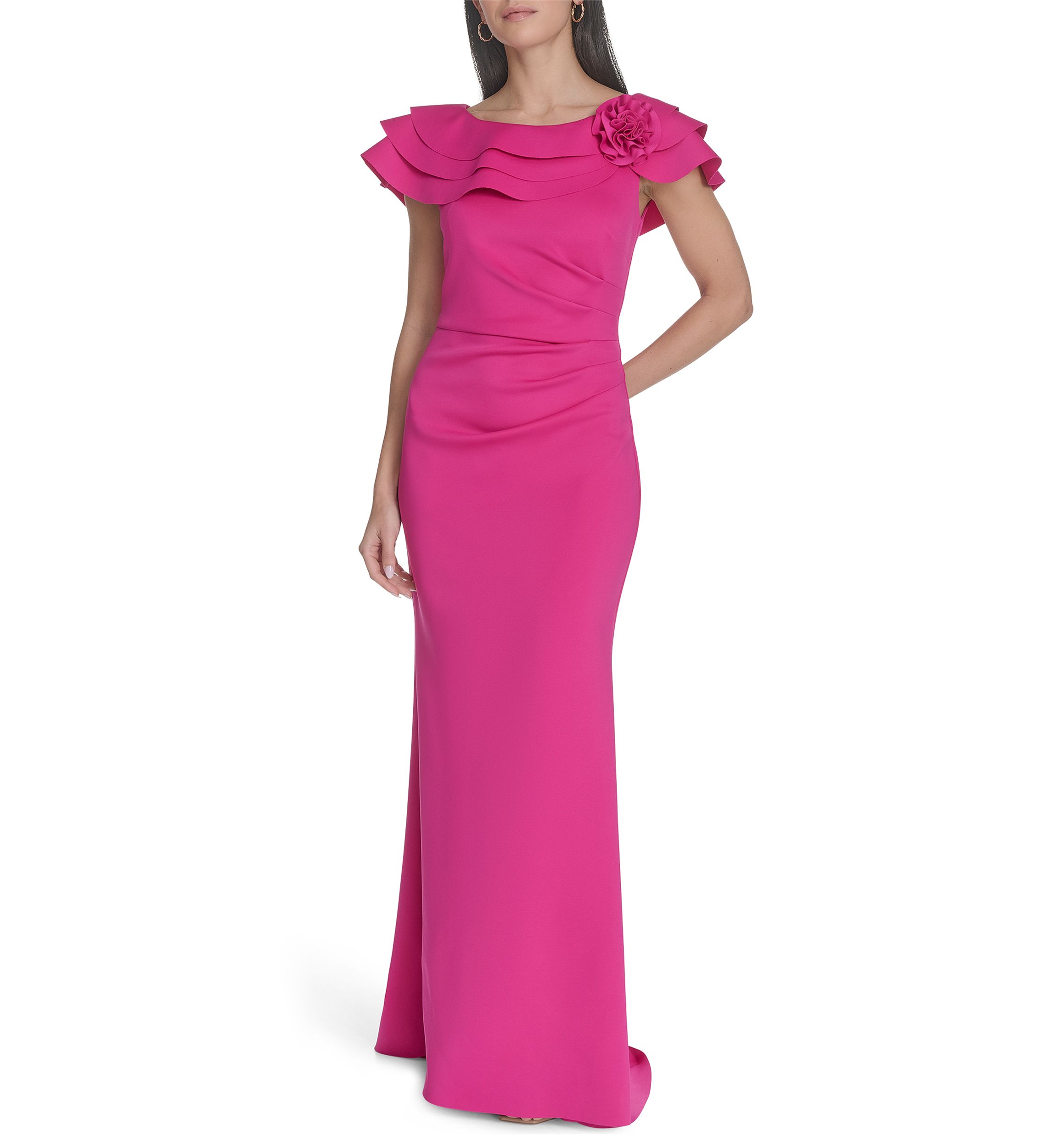 Womens Solid Ruched Ruffle Gown