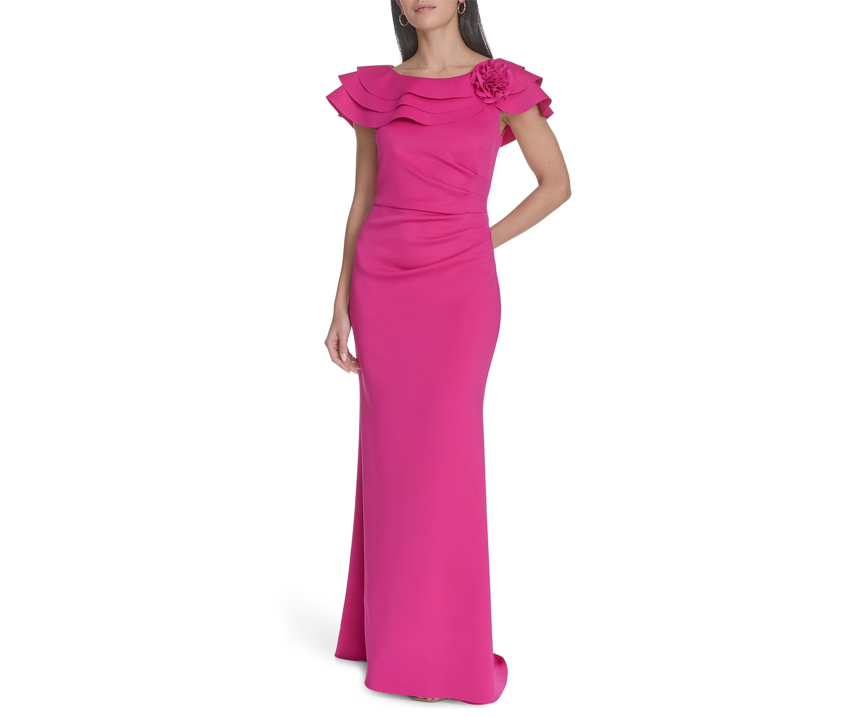 Womens Solid Ruched Ruffle Gown