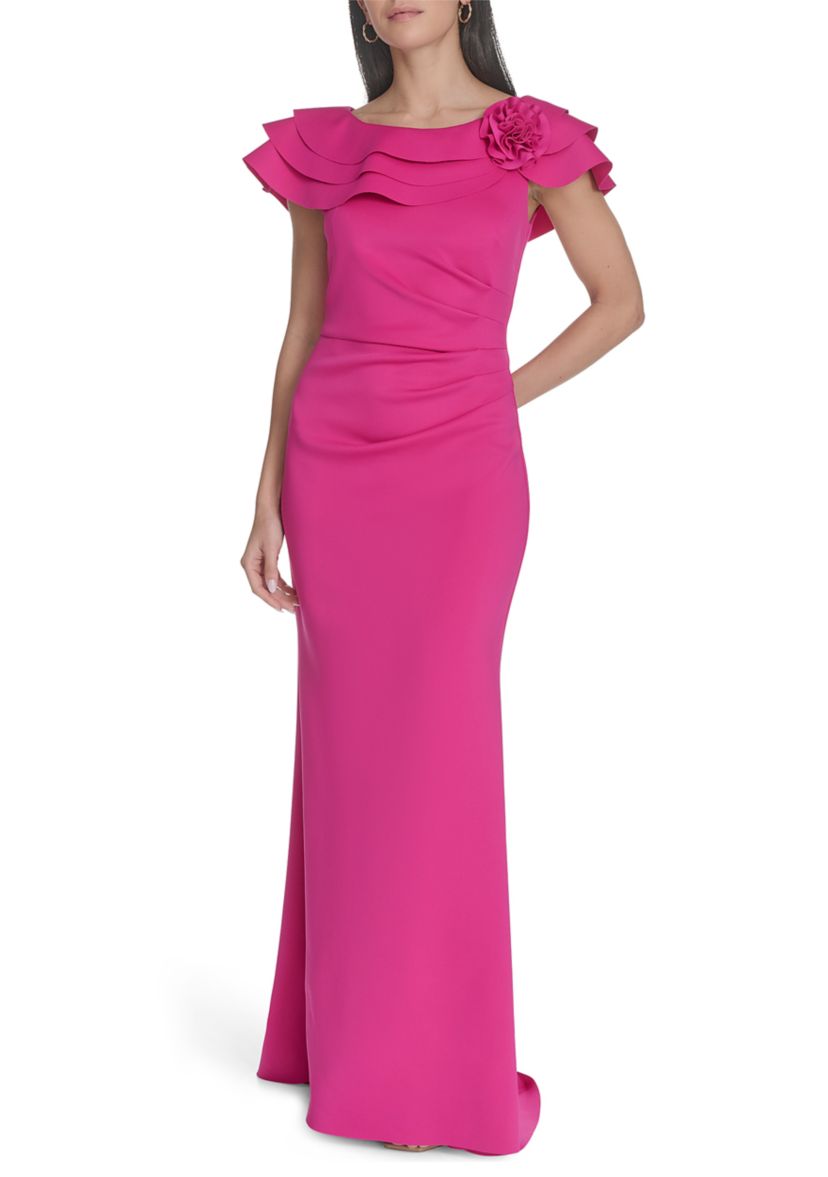 Womens Solid Ruched Ruffle Gown
