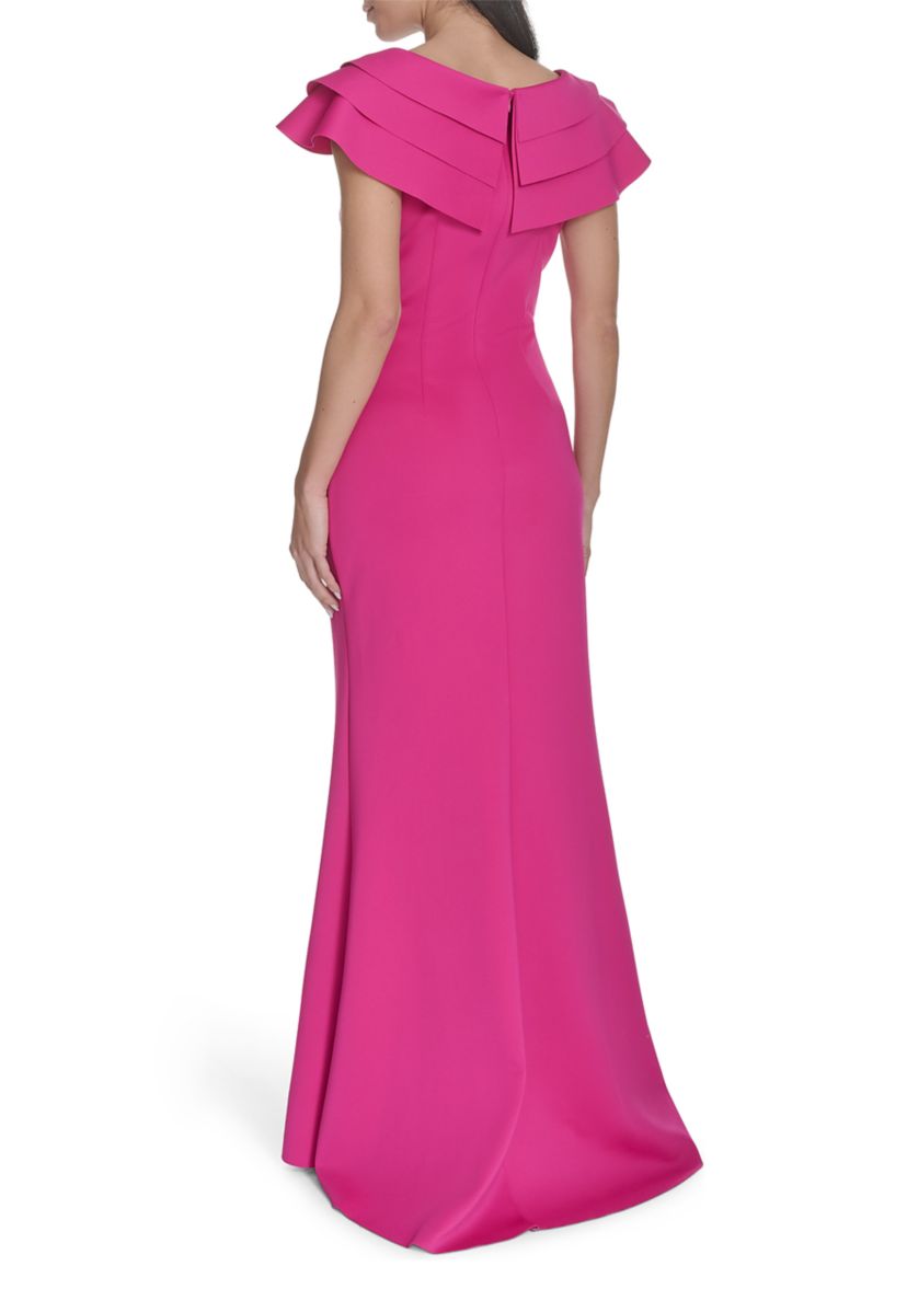 Womens Solid Ruched Ruffle Gown