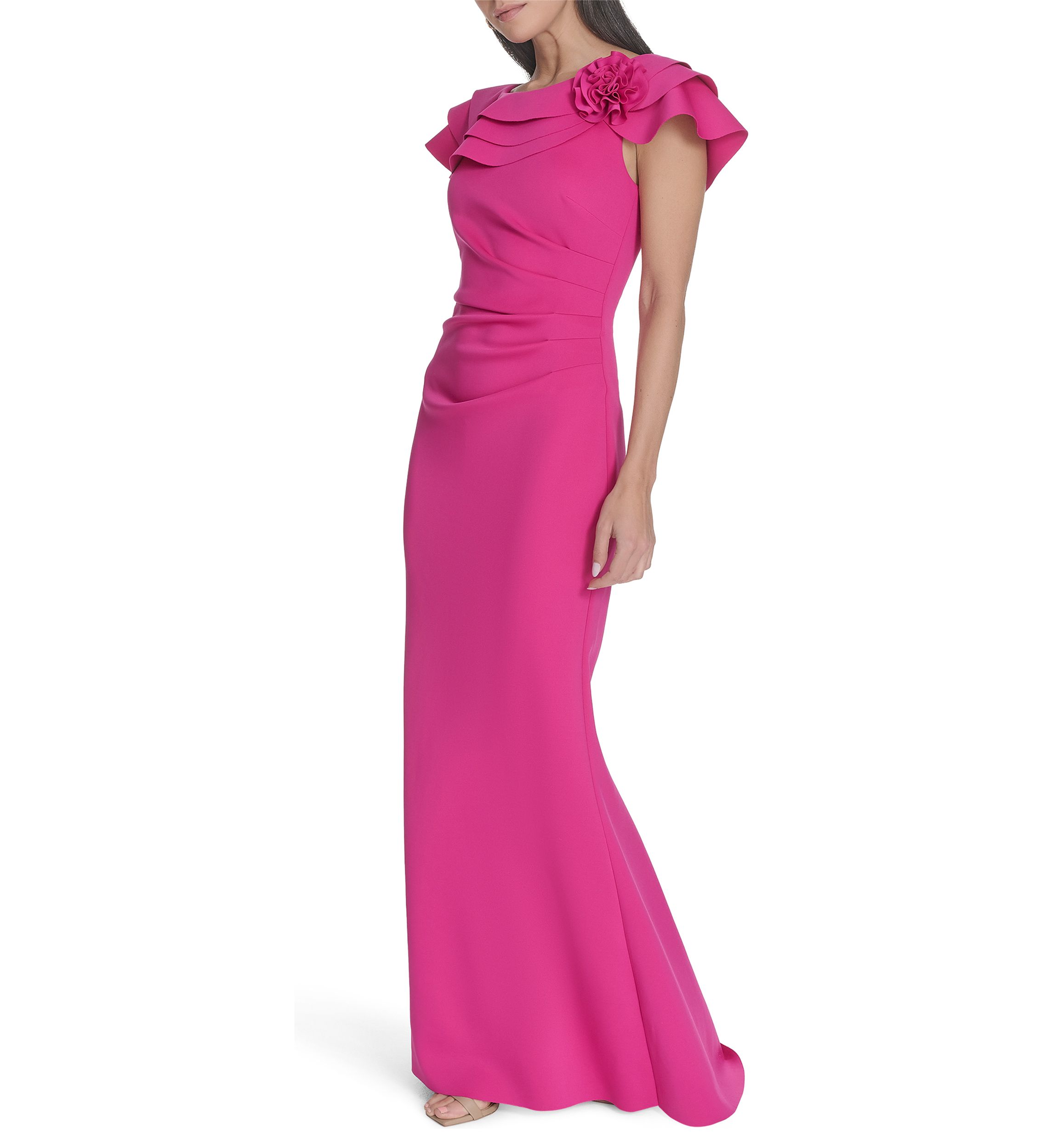 Womens Solid Ruched Ruffle Gown