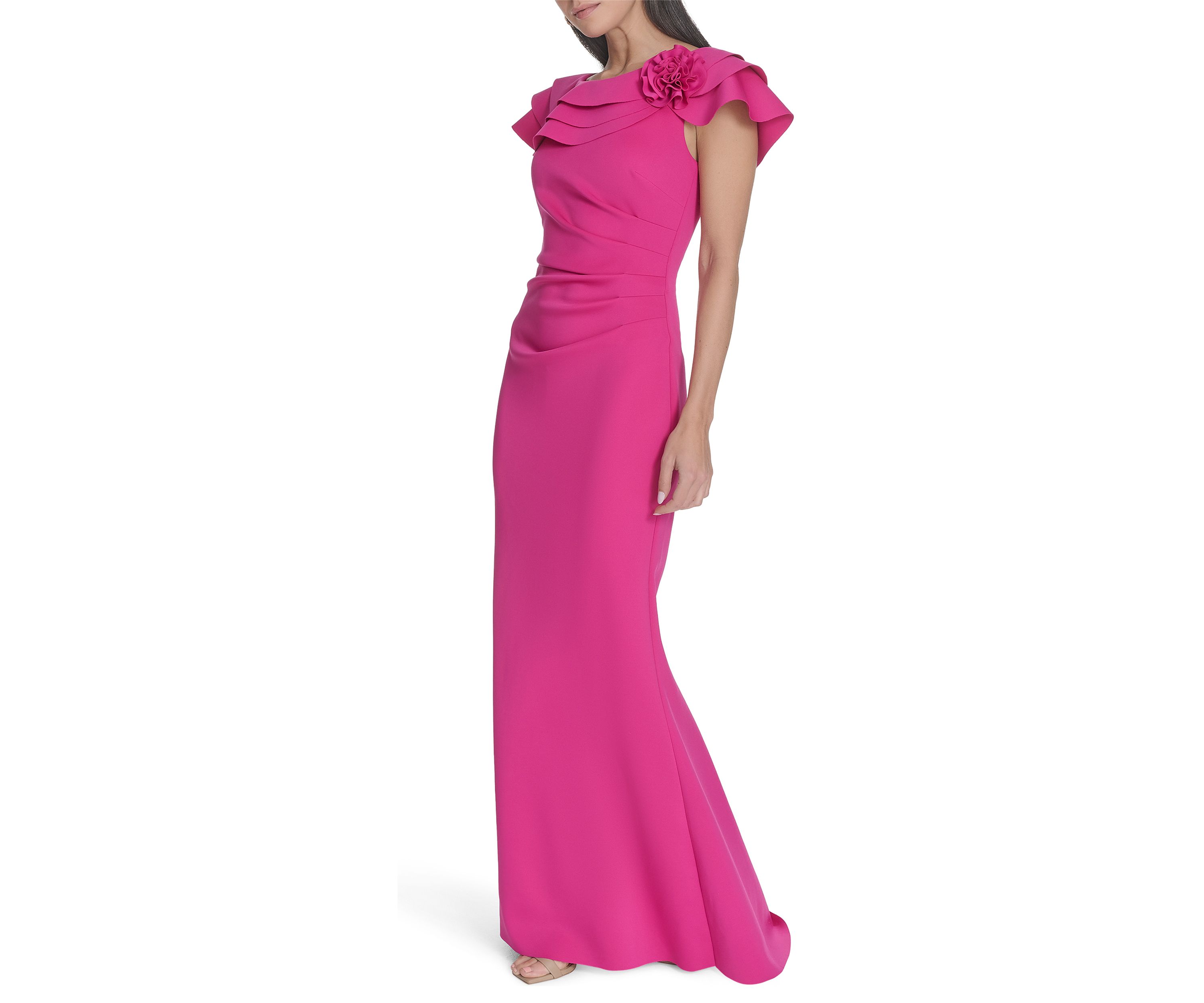 Womens Solid Ruched Ruffle Gown