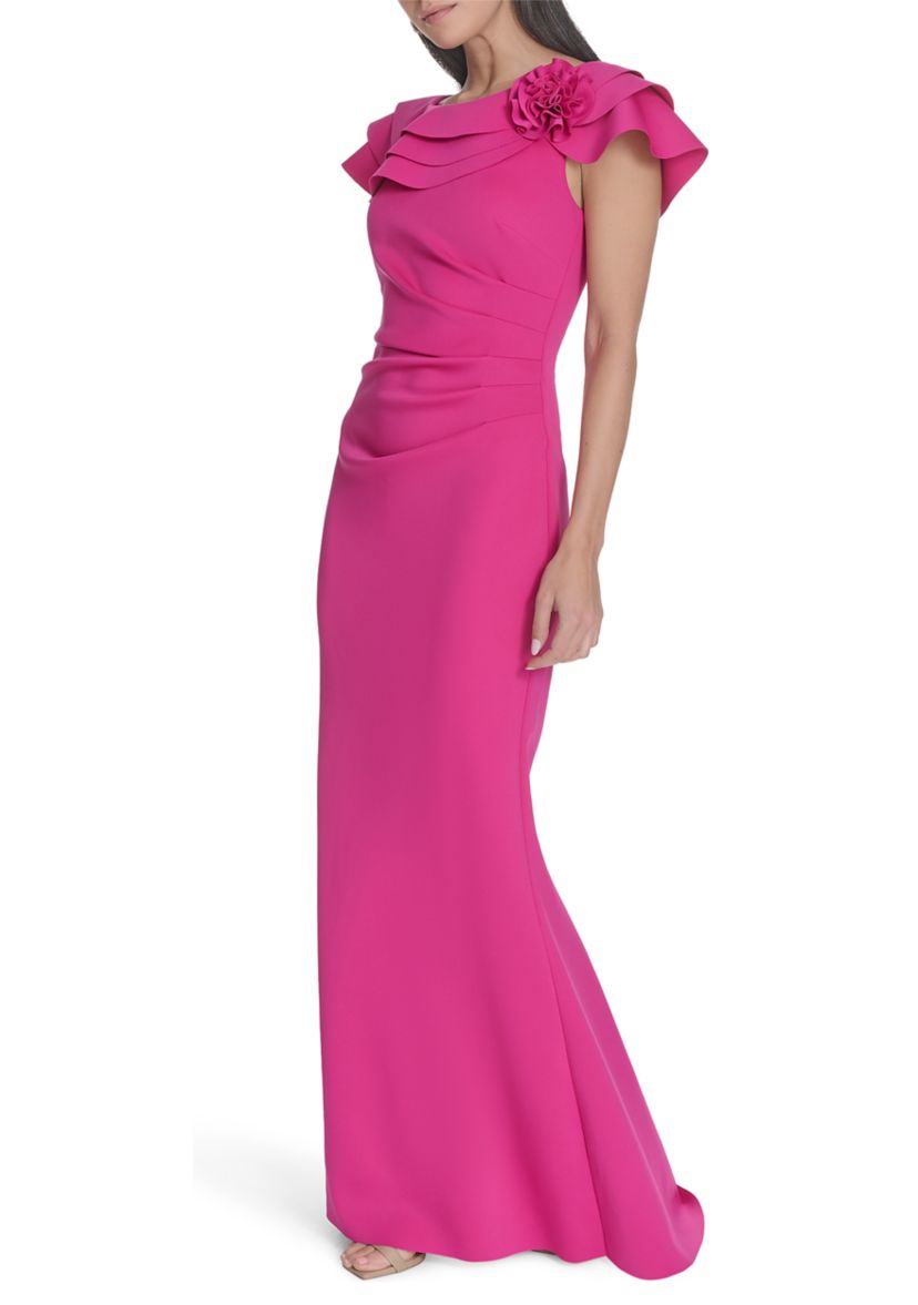Womens Solid Ruched Ruffle Gown
