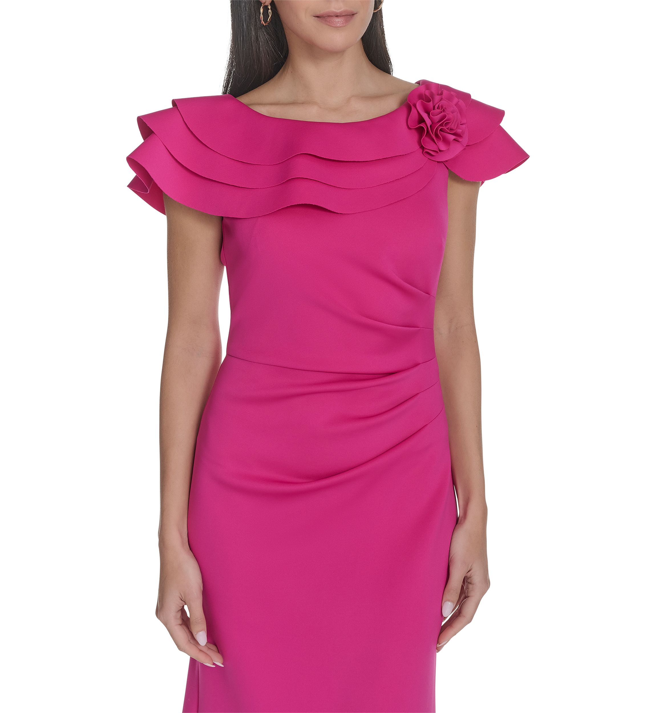 Womens Solid Ruched Ruffle Gown