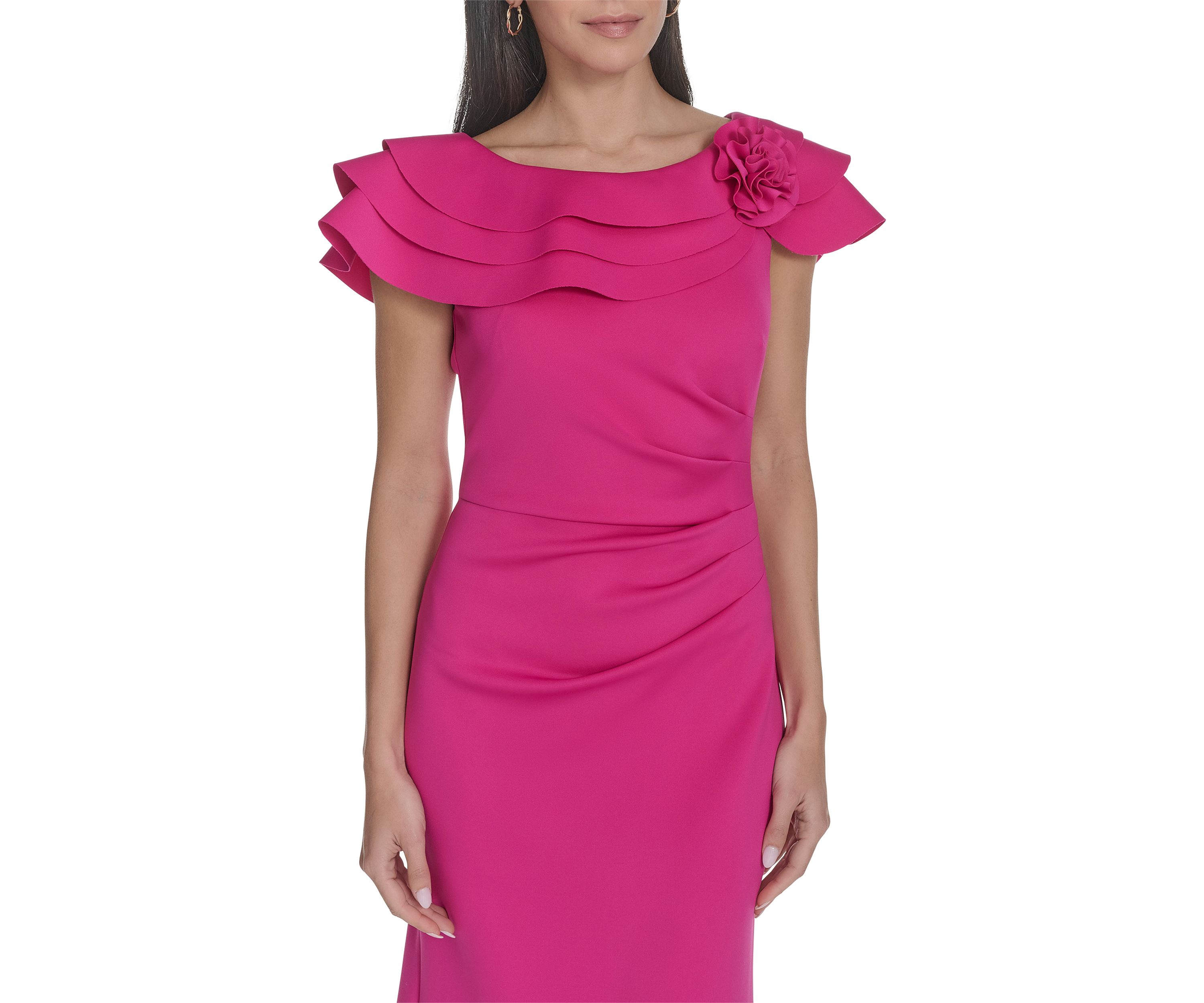 Womens Solid Ruched Ruffle Gown
