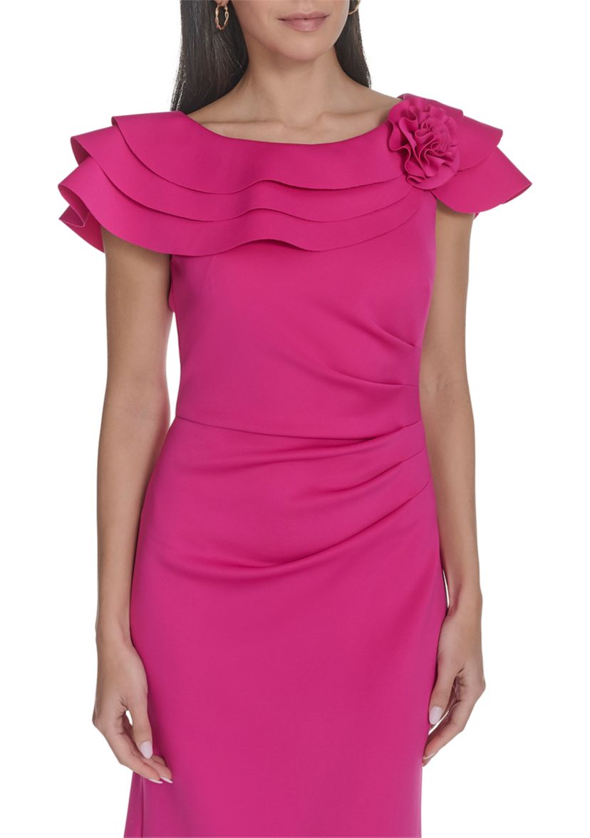 Womens Solid Ruched Ruffle Gown