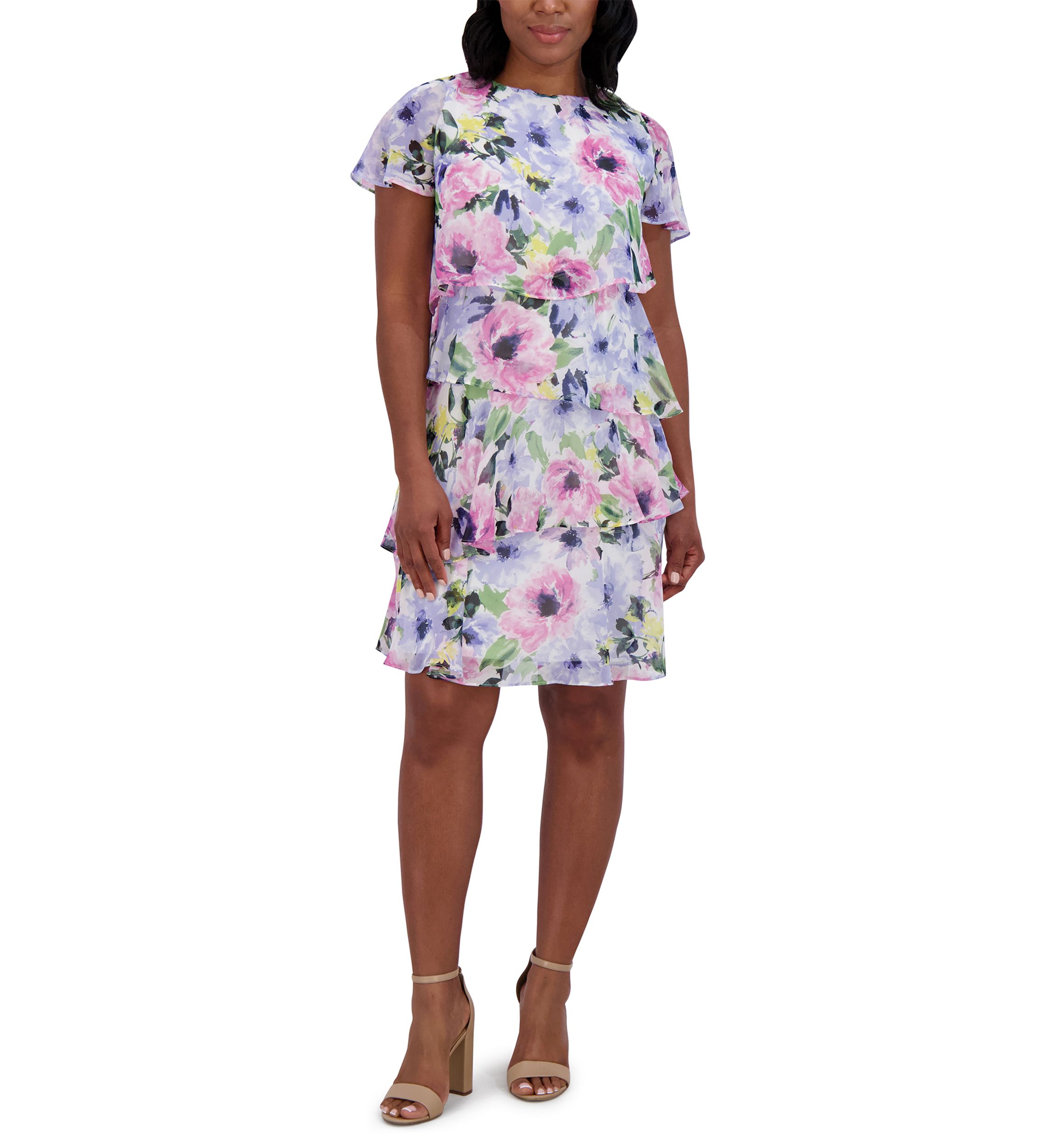 Womens Short Sleeve Crew Neck Floral Print Dress