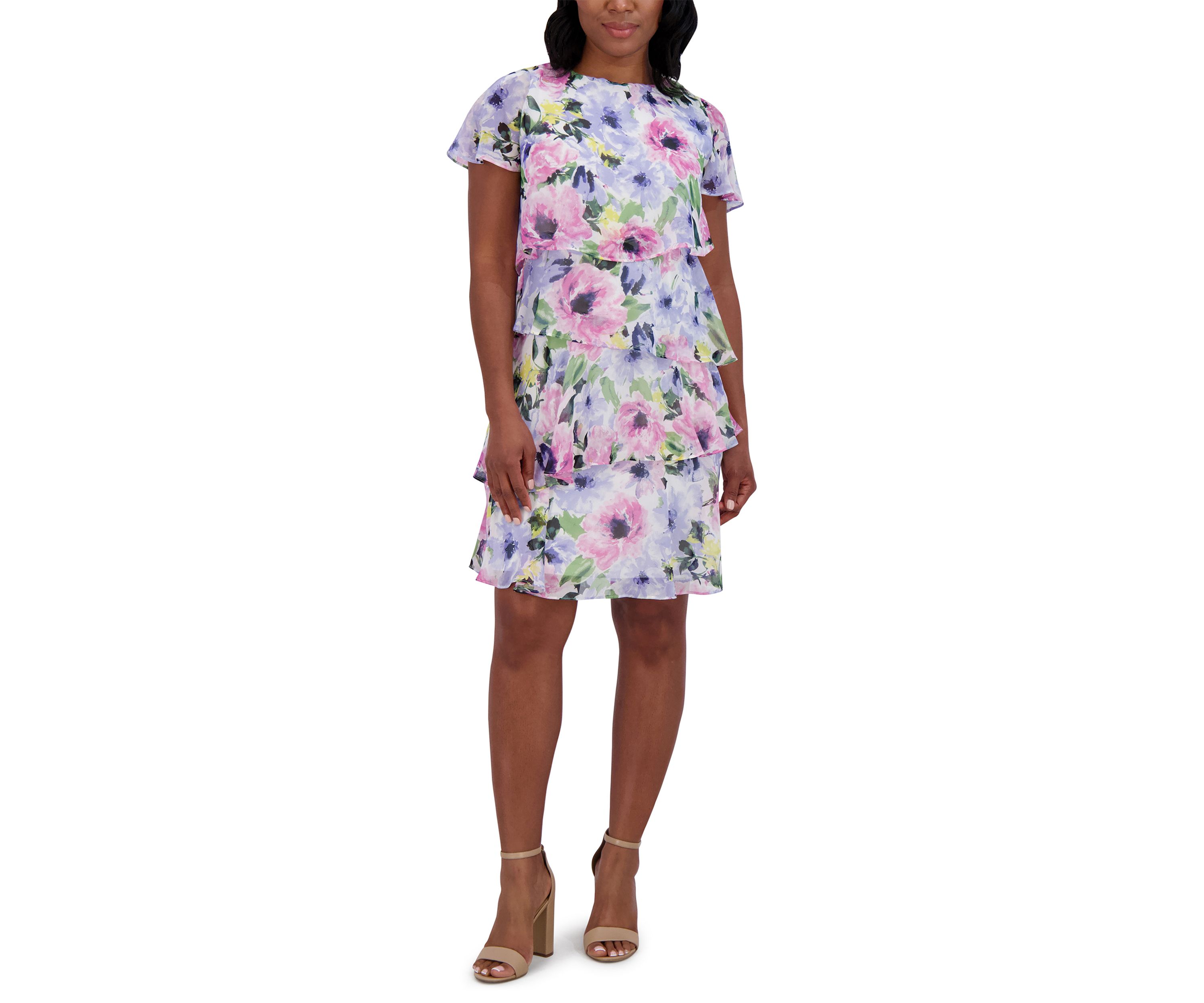 Womens Short Sleeve Crew Neck Floral Print Dress