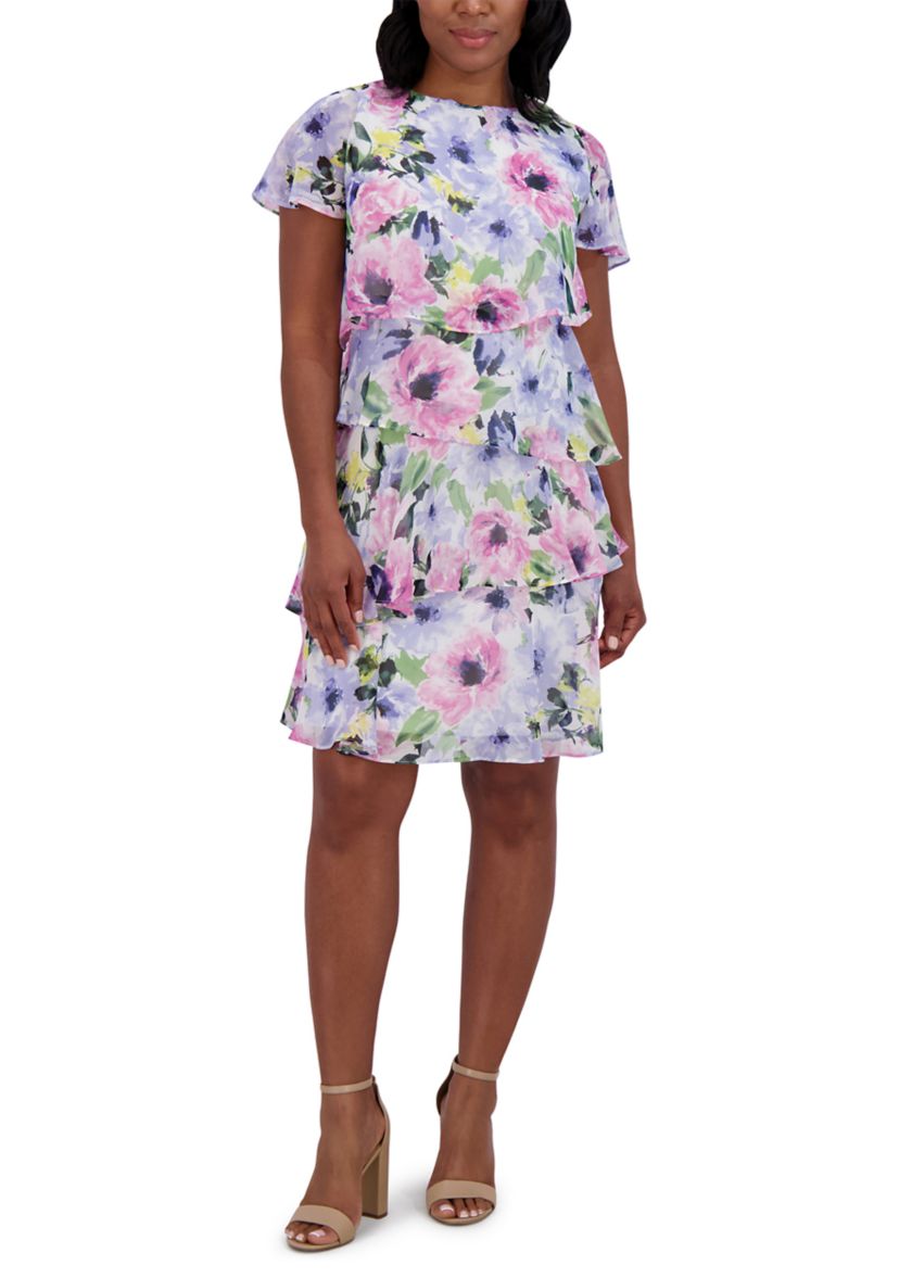 Womens Short Sleeve Crew Neck Floral Print Dress