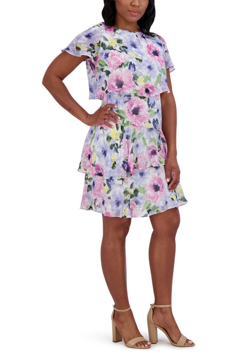 Womens Short Sleeve Crew Neck Floral Print Dress