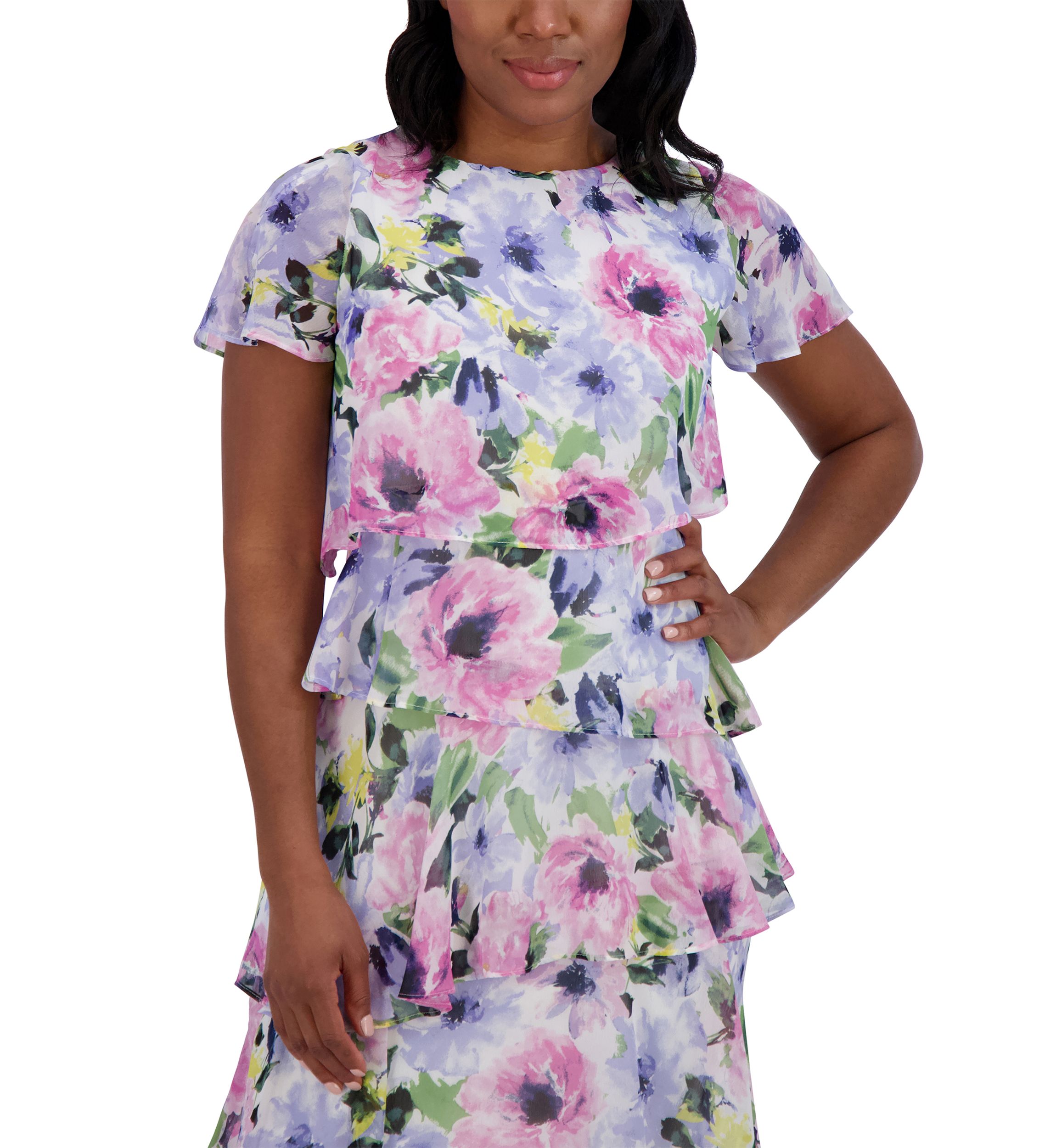Womens Short Sleeve Crew Neck Floral Print Dress