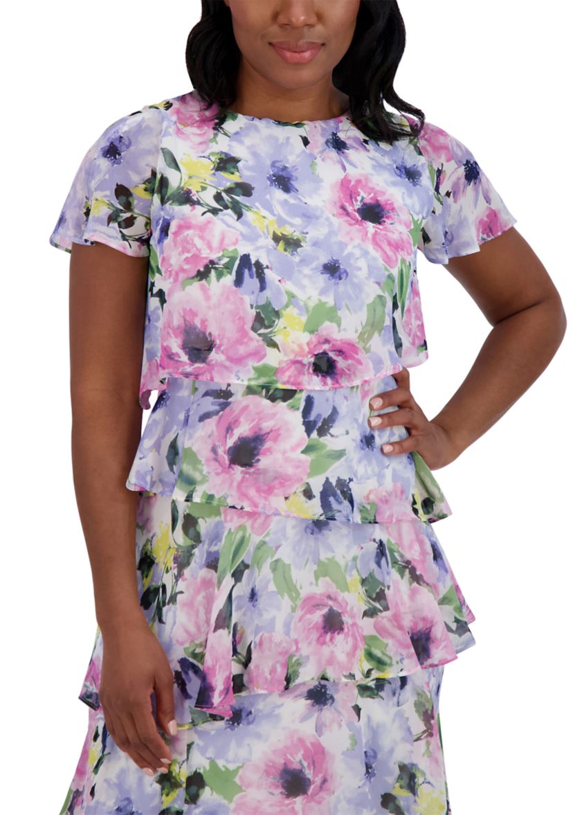 Womens Short Sleeve Crew Neck Floral Print Dress