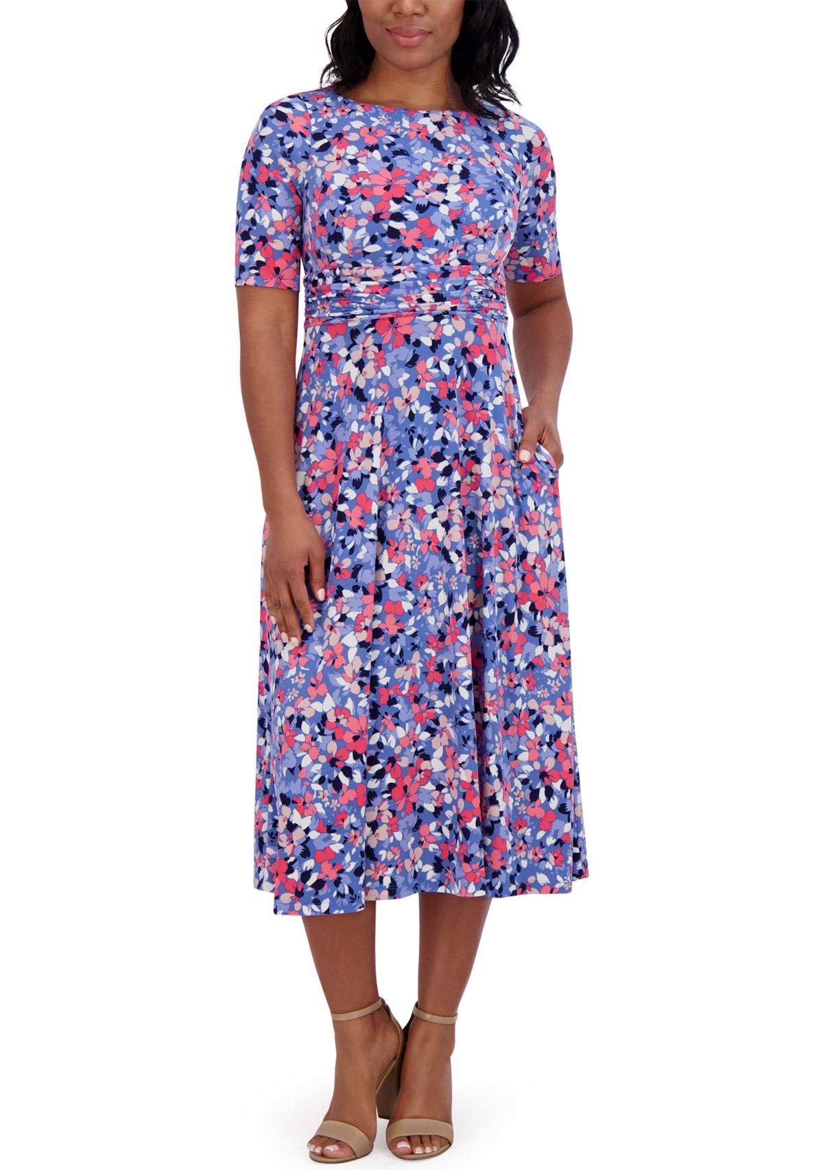 Womens Short Sleeve Wide Neck Floral Print Dress