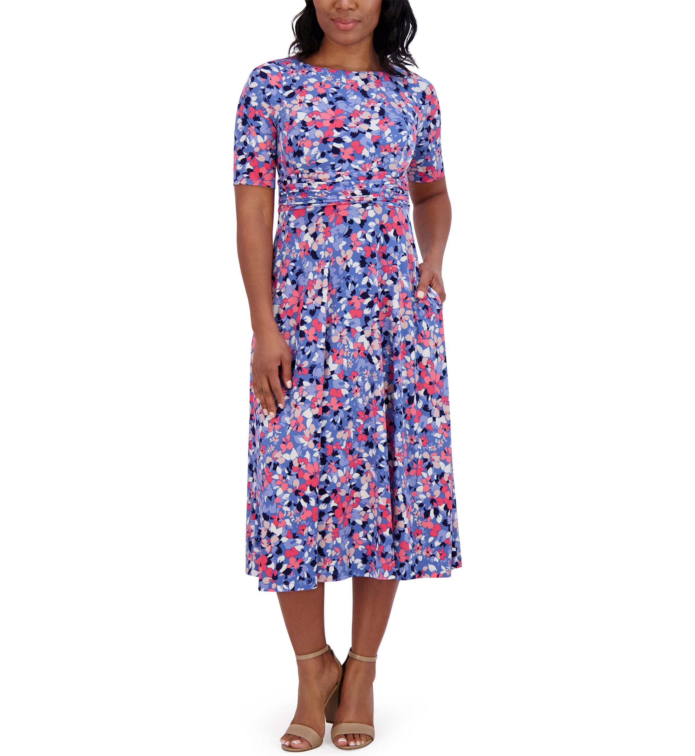 Womens Short Sleeve Wide Neck Floral Print Dress