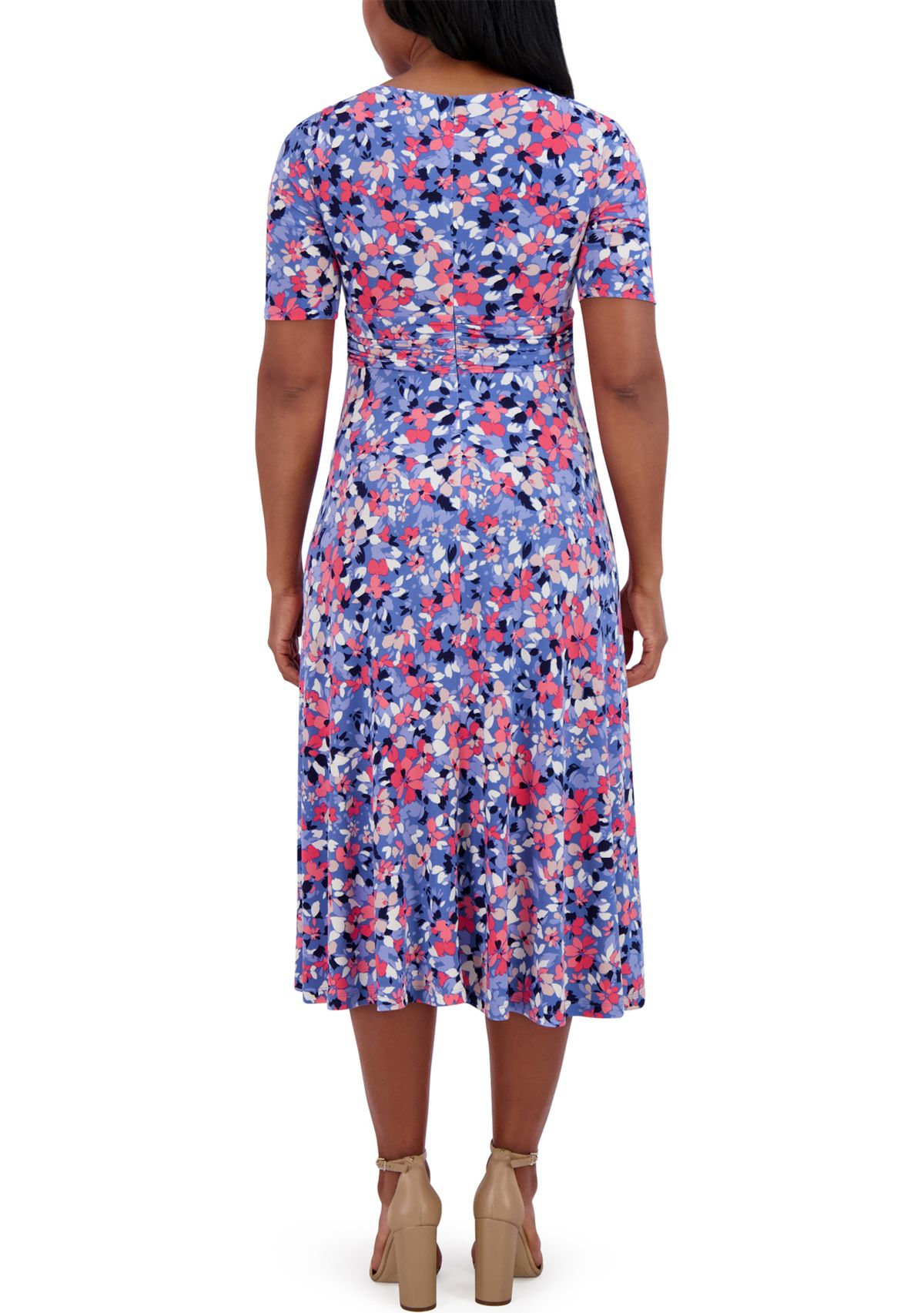 Womens Short Sleeve Wide Neck Floral Print Dress