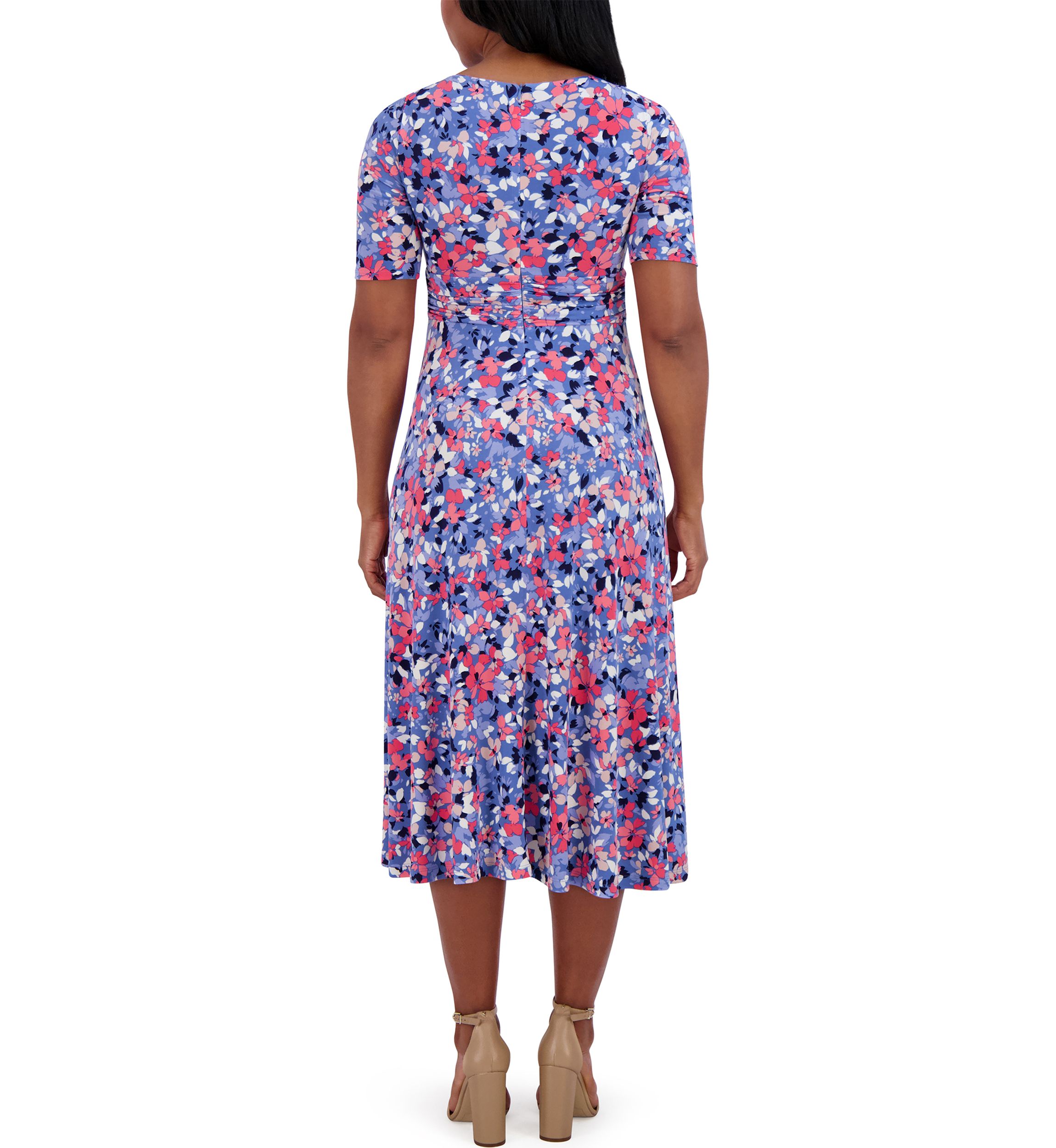 Womens Short Sleeve Wide Neck Floral Print Dress