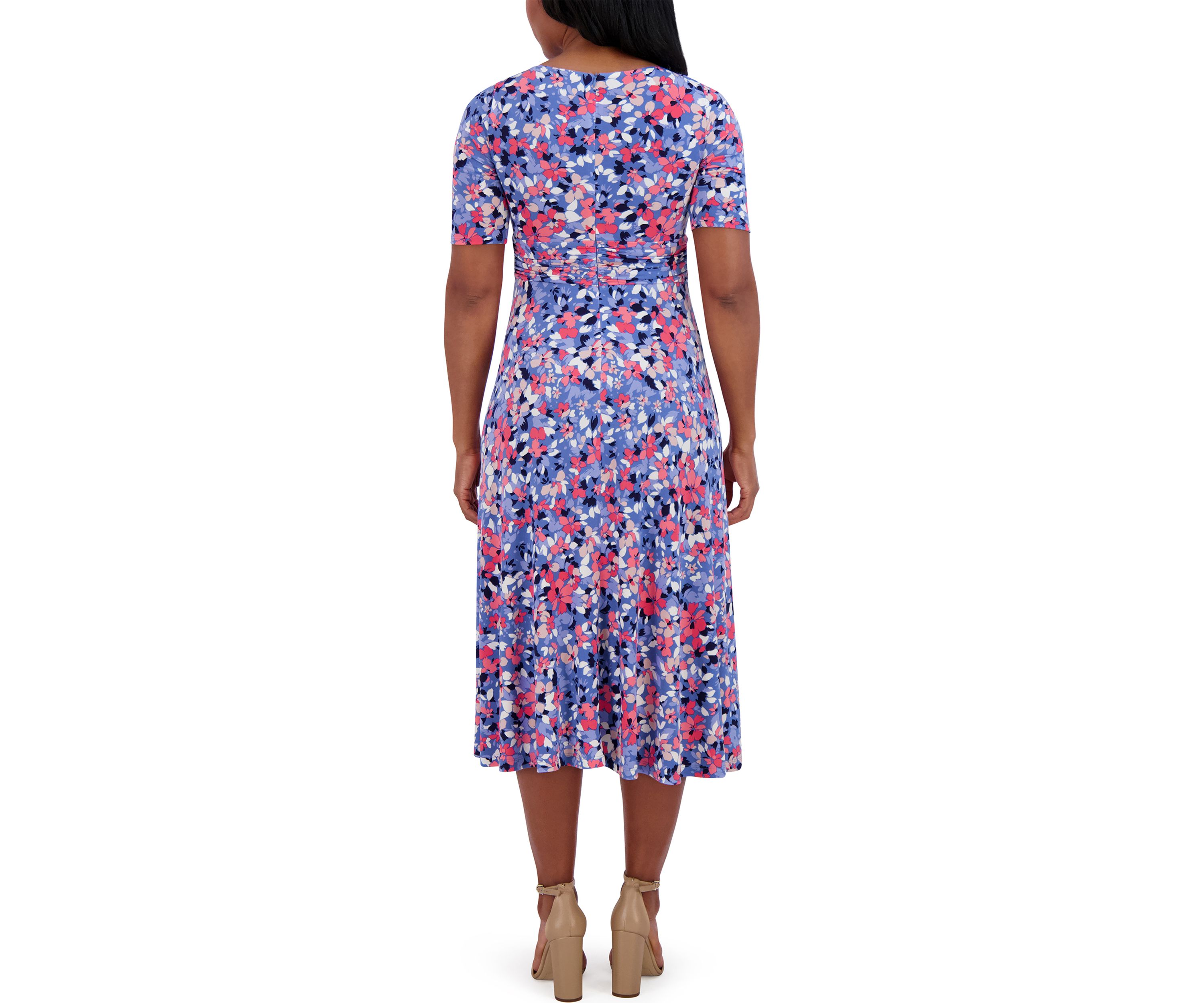 Womens Short Sleeve Wide Neck Floral Print Dress