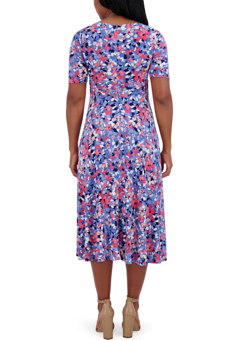 Womens Short Sleeve Wide Neck Floral Print Dress