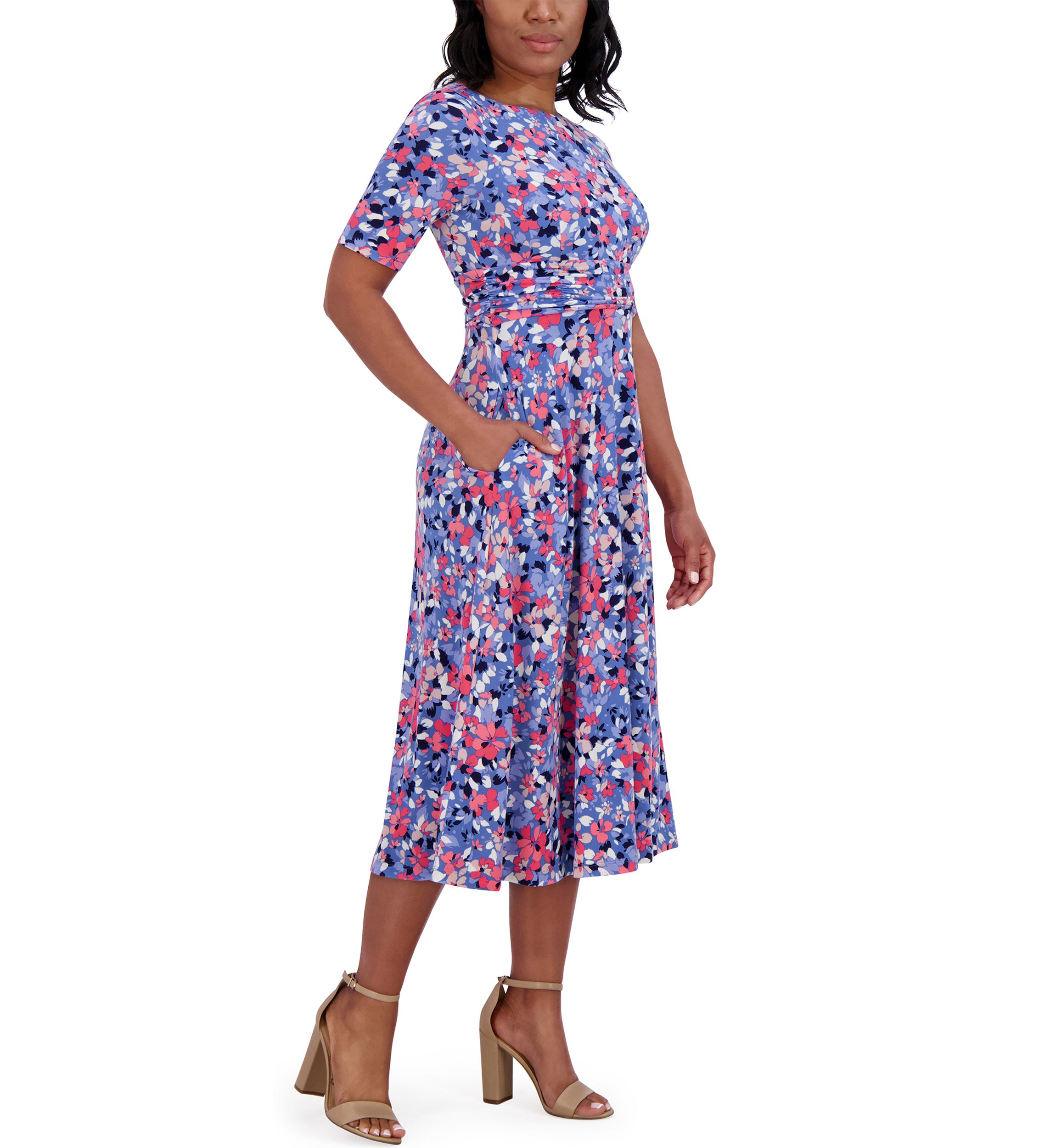 Womens Short Sleeve Wide Neck Floral Print Dress