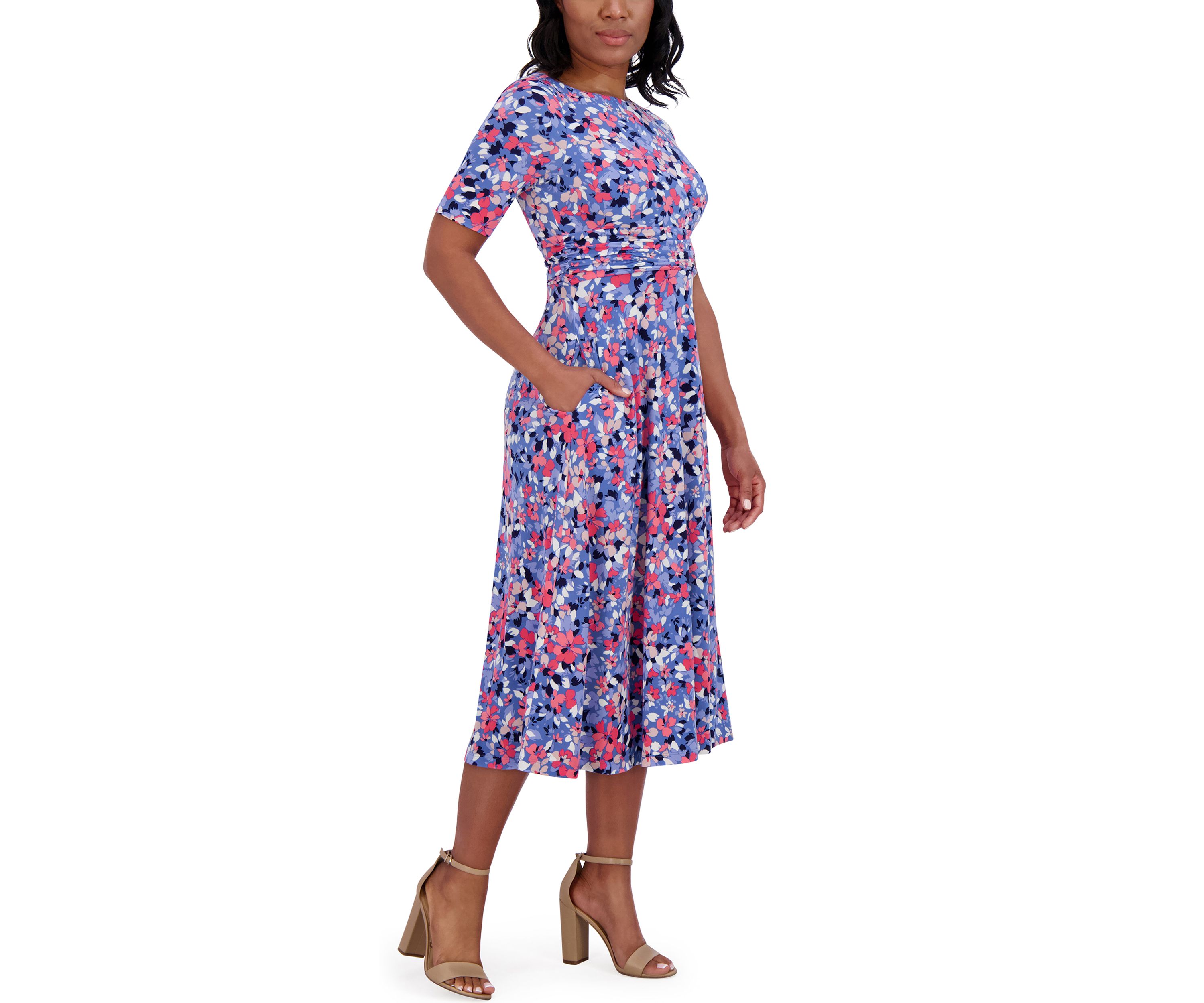 Womens Short Sleeve Wide Neck Floral Print Dress