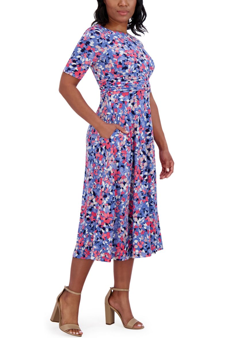 Womens Short Sleeve Wide Neck Floral Print Dress