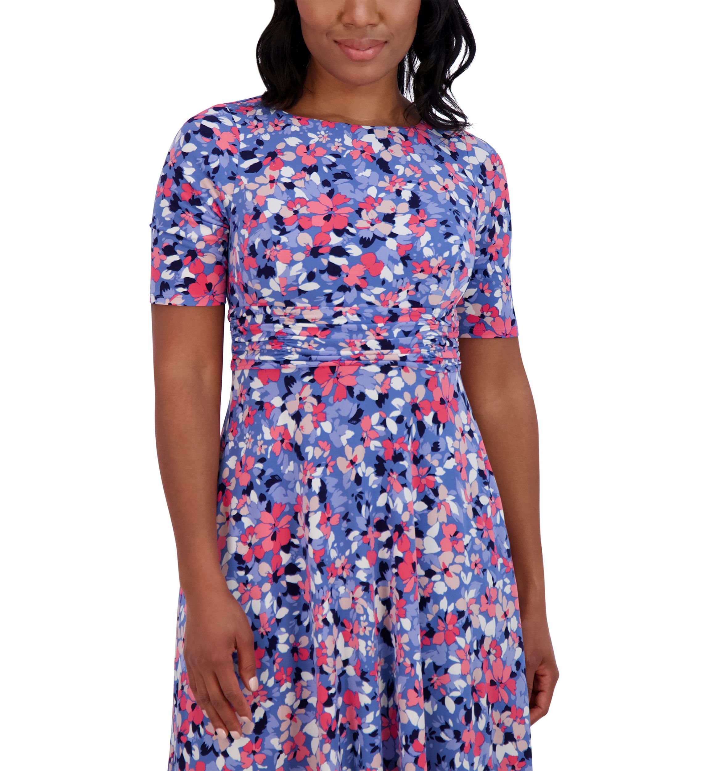 Womens Short Sleeve Wide Neck Floral Print Dress