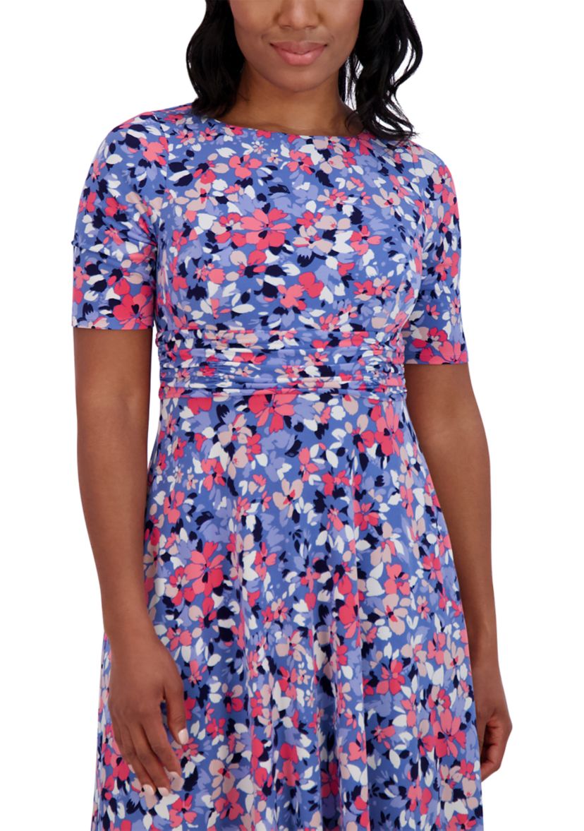 Womens Short Sleeve Wide Neck Floral Print Dress