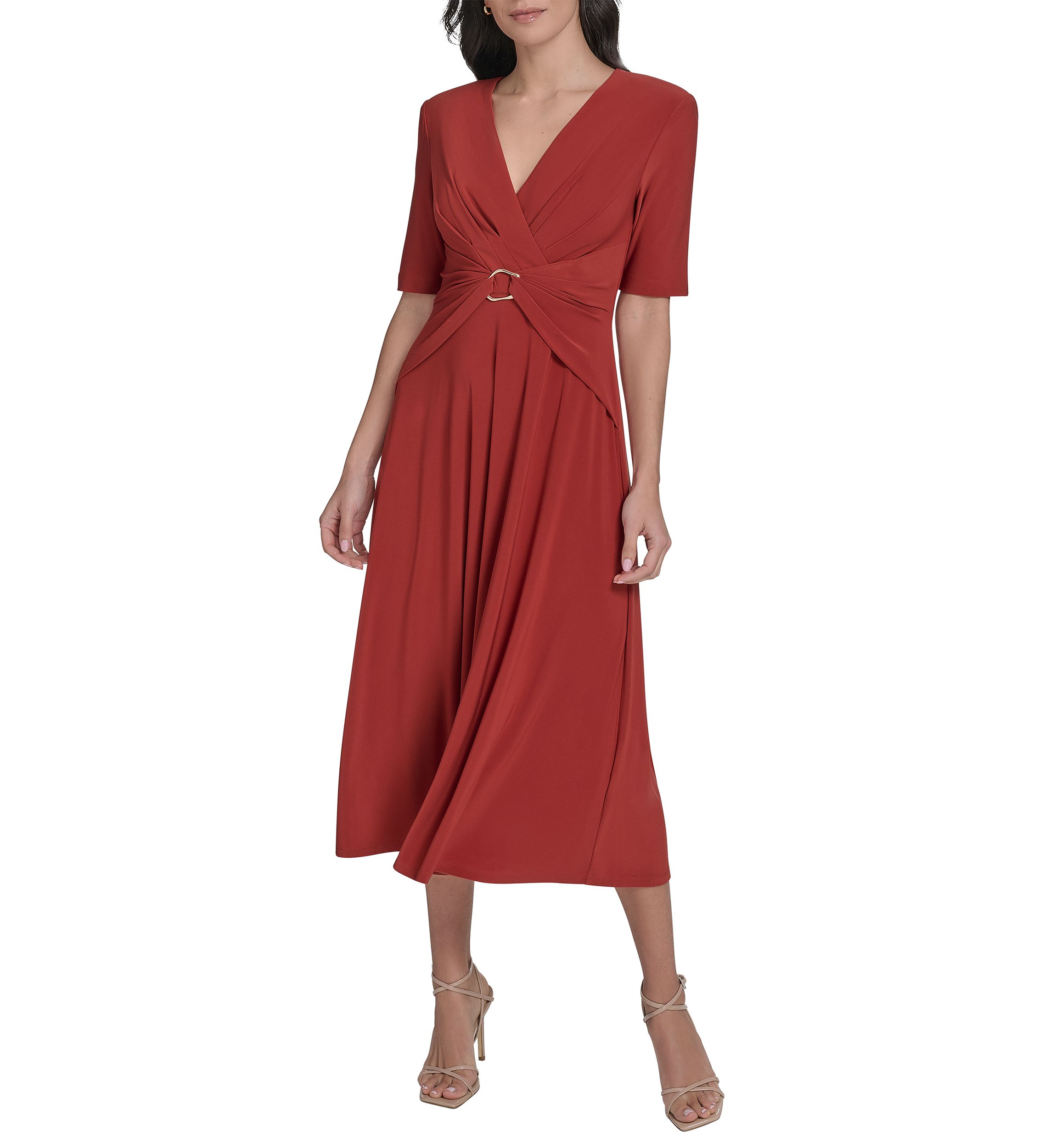 Womens Solid Gathered Waist Dress