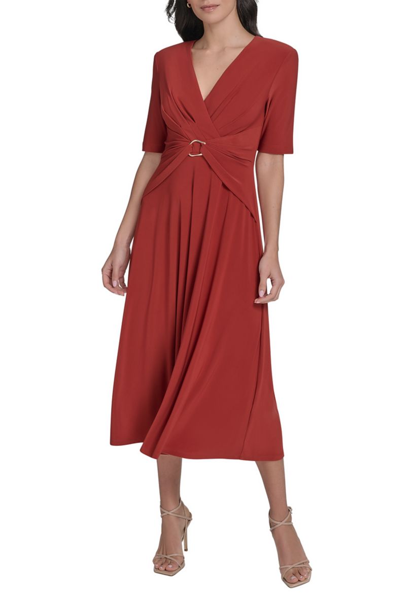 Womens Solid Gathered Waist Dress