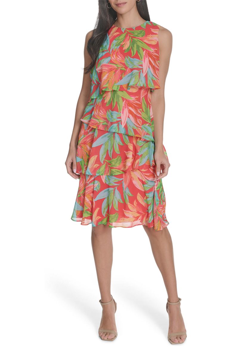 Womens Leaf Printed Chiffon Dress