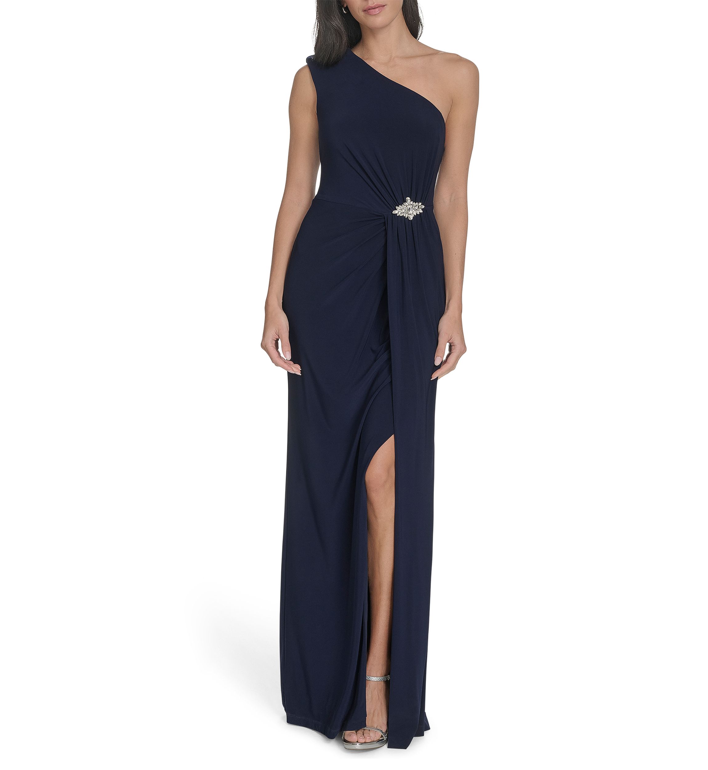 Womens Sleeveless One Shoulder Solid Gown