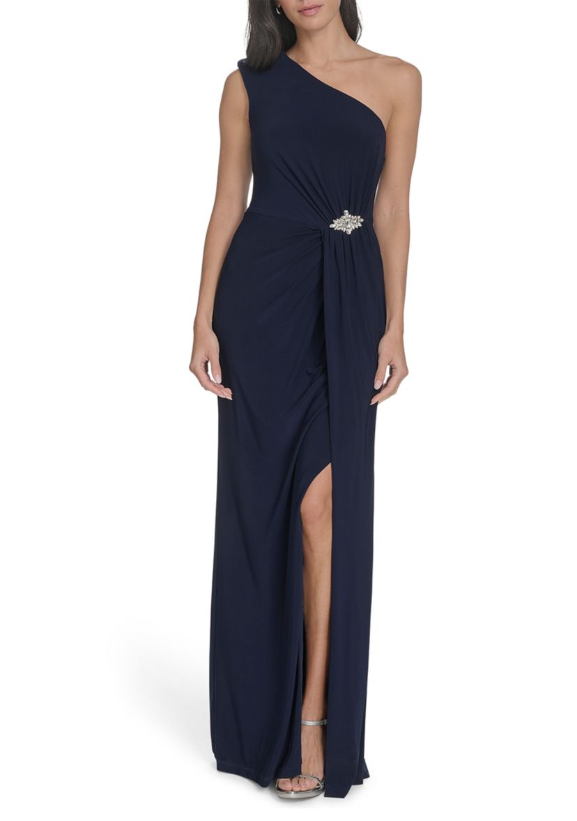 Womens Sleeveless One Shoulder Solid Gown