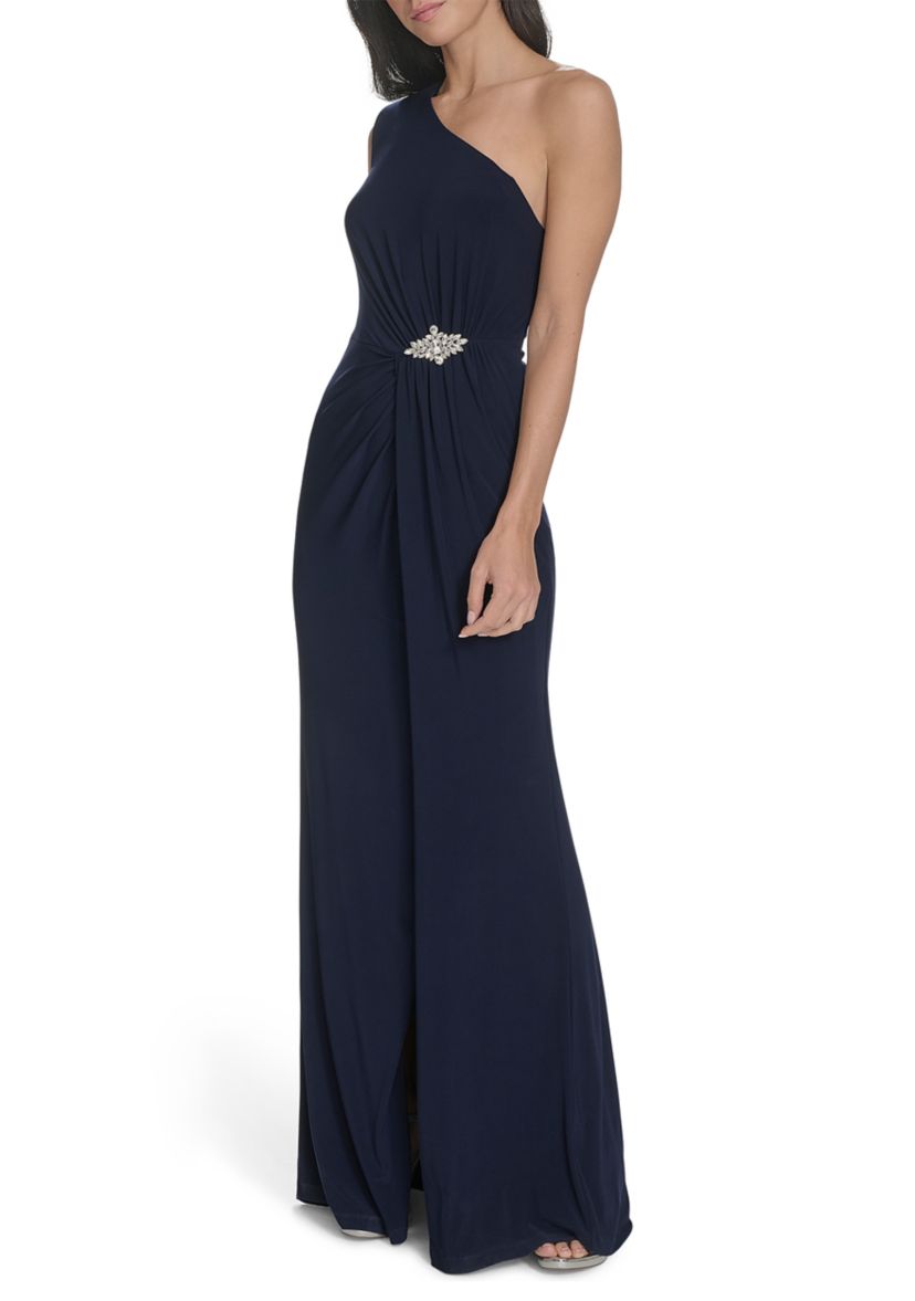 Womens Sleeveless One Shoulder Solid Gown